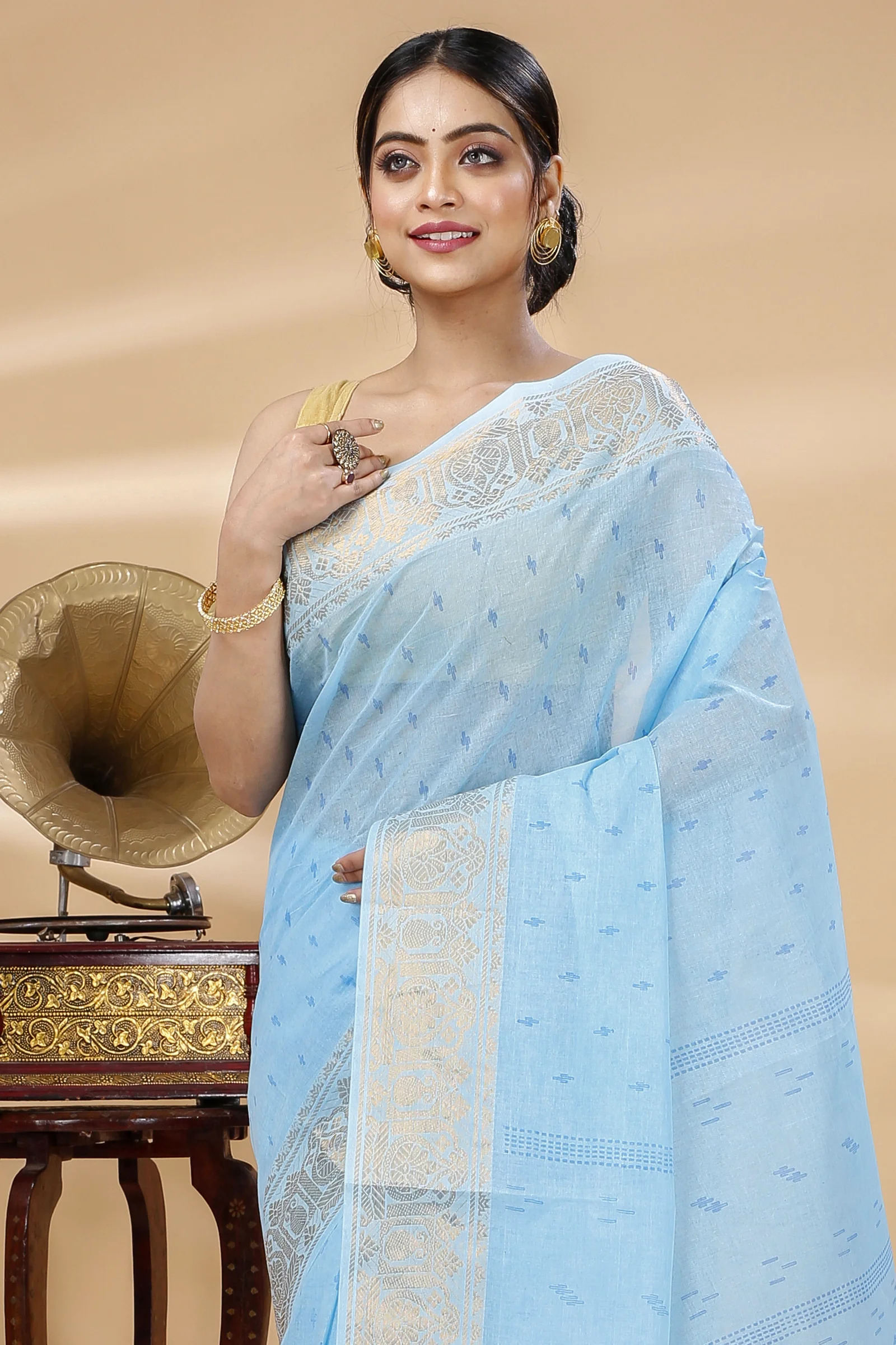 Sky Blue Pure Cotton Purvi Tant Saree Print (1391)