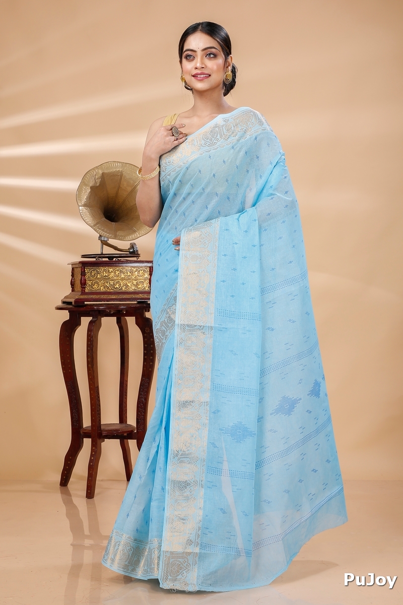Sky Blue Pure Cotton Purvi Tant Saree Print (1391)
