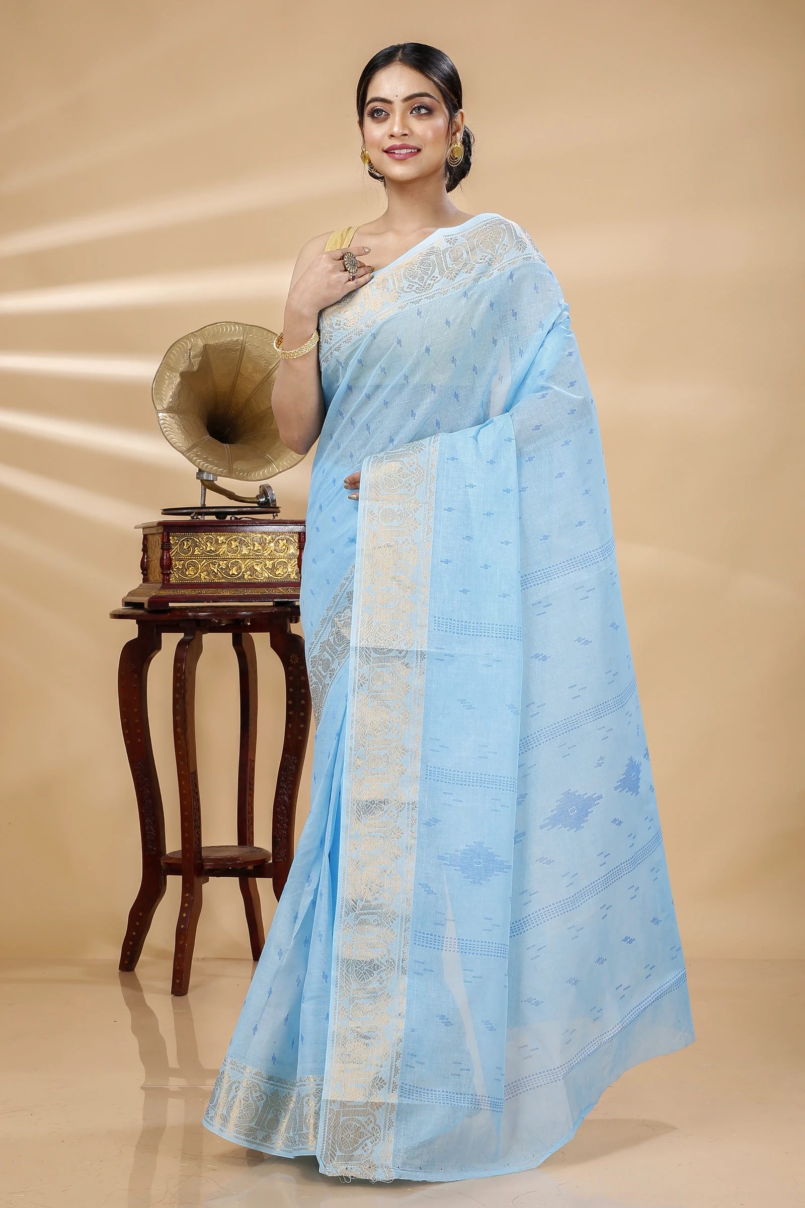 Sky Blue Pure Cotton Purvi Tant Saree Print (1391)