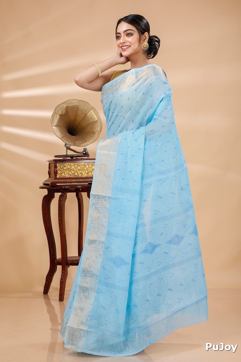 Sky Blue Pure Cotton Purvi Tant Saree Print (1391)