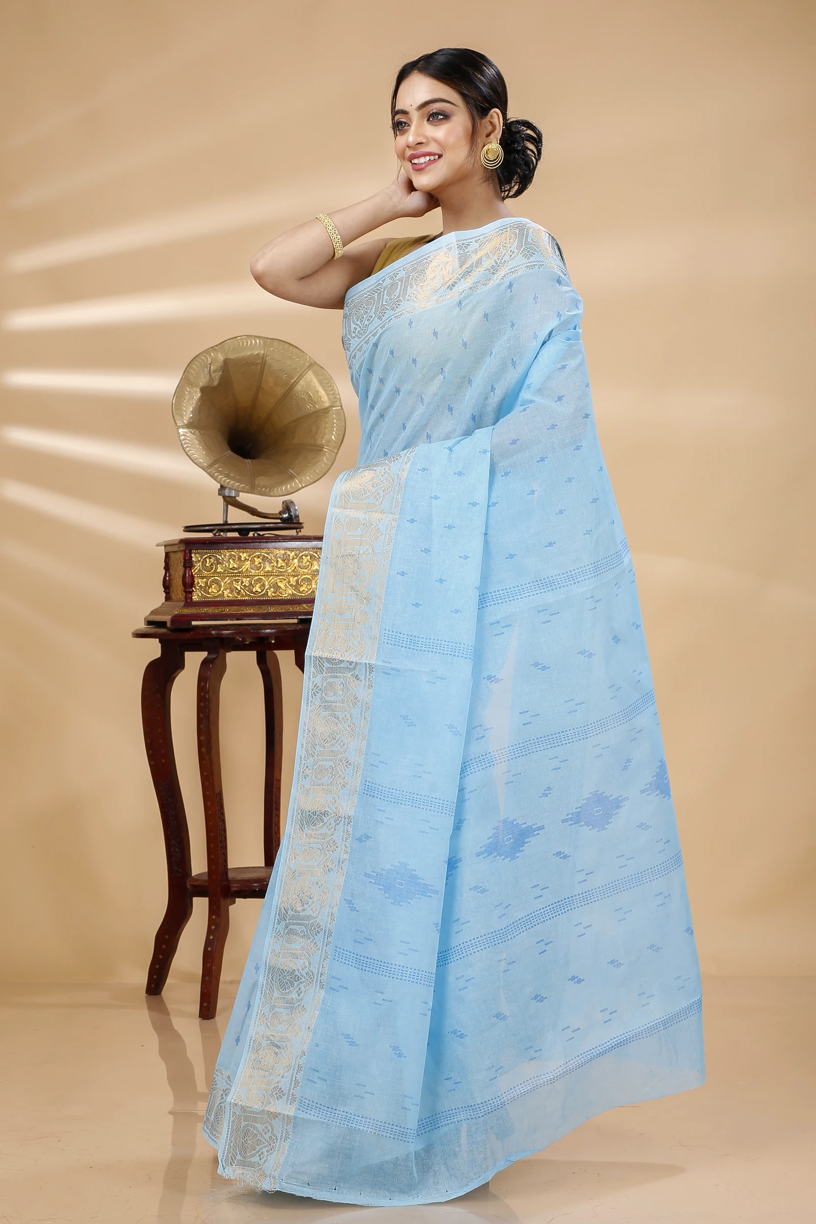 Sky Blue Pure Cotton Purvi Tant Saree Print (1391)