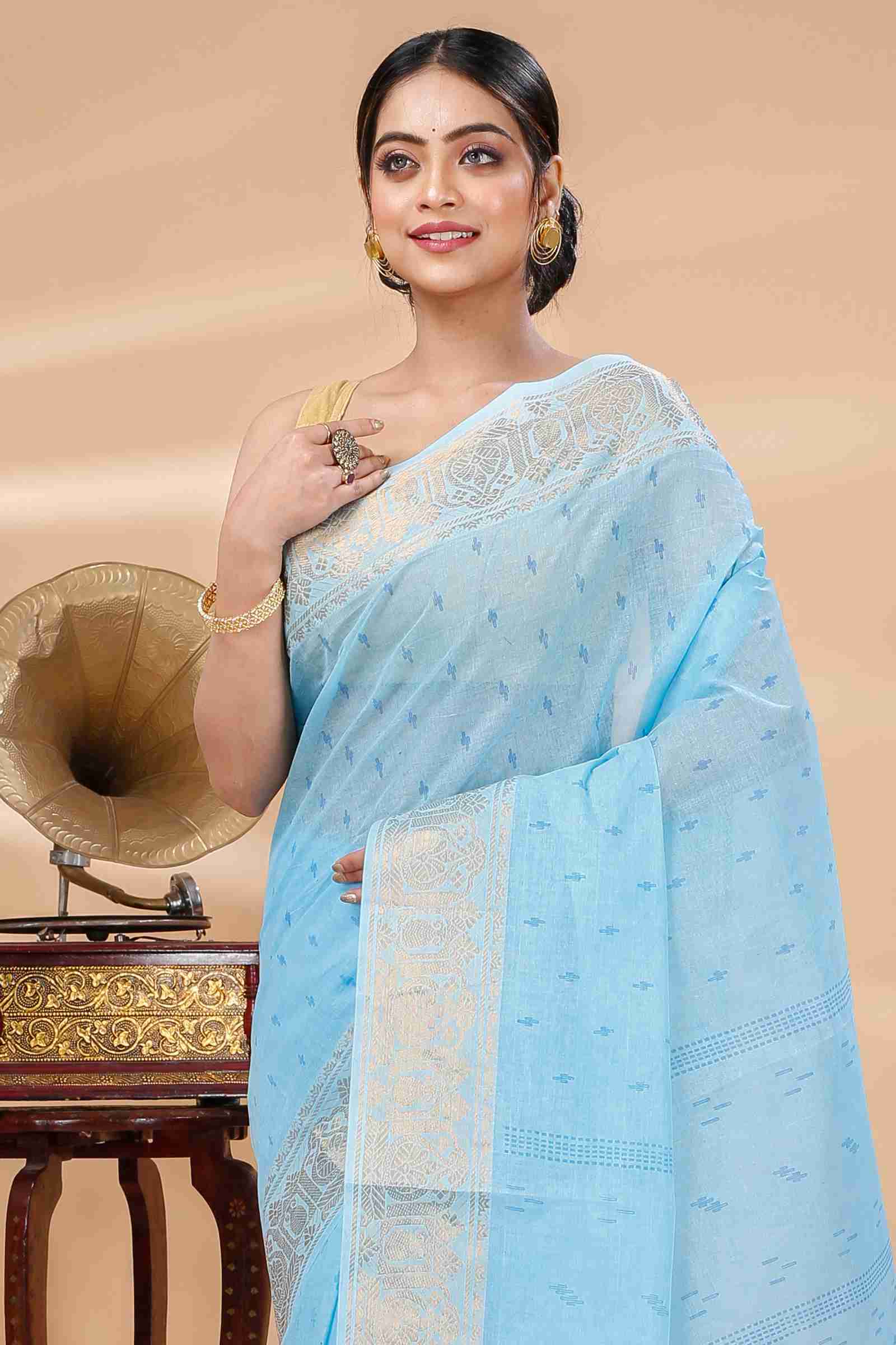 Sky Blue Pure Cotton Purvi Tant Saree Print (1391)