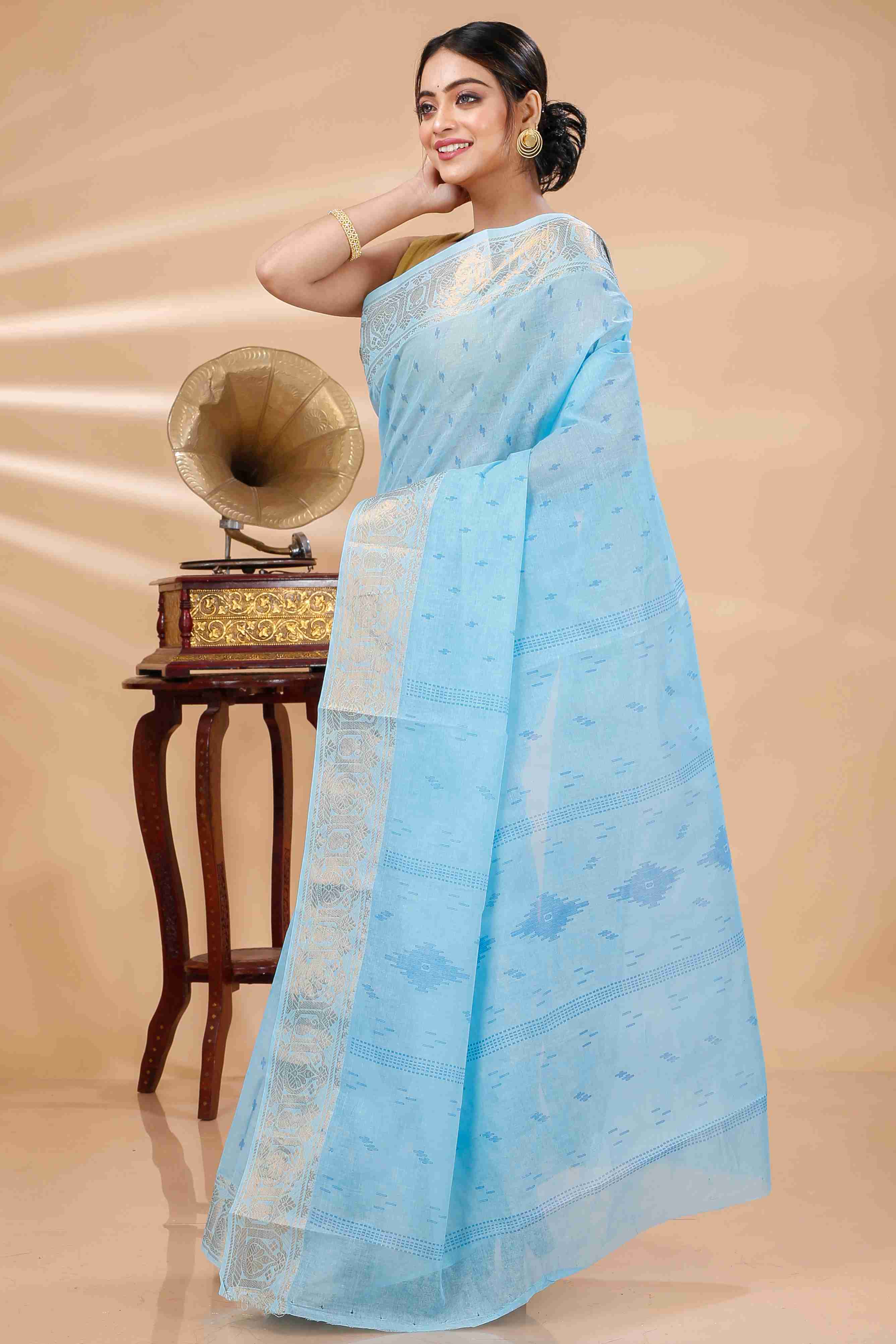 Sky Blue Pure Cotton Purvi Tant Saree Print (1391)