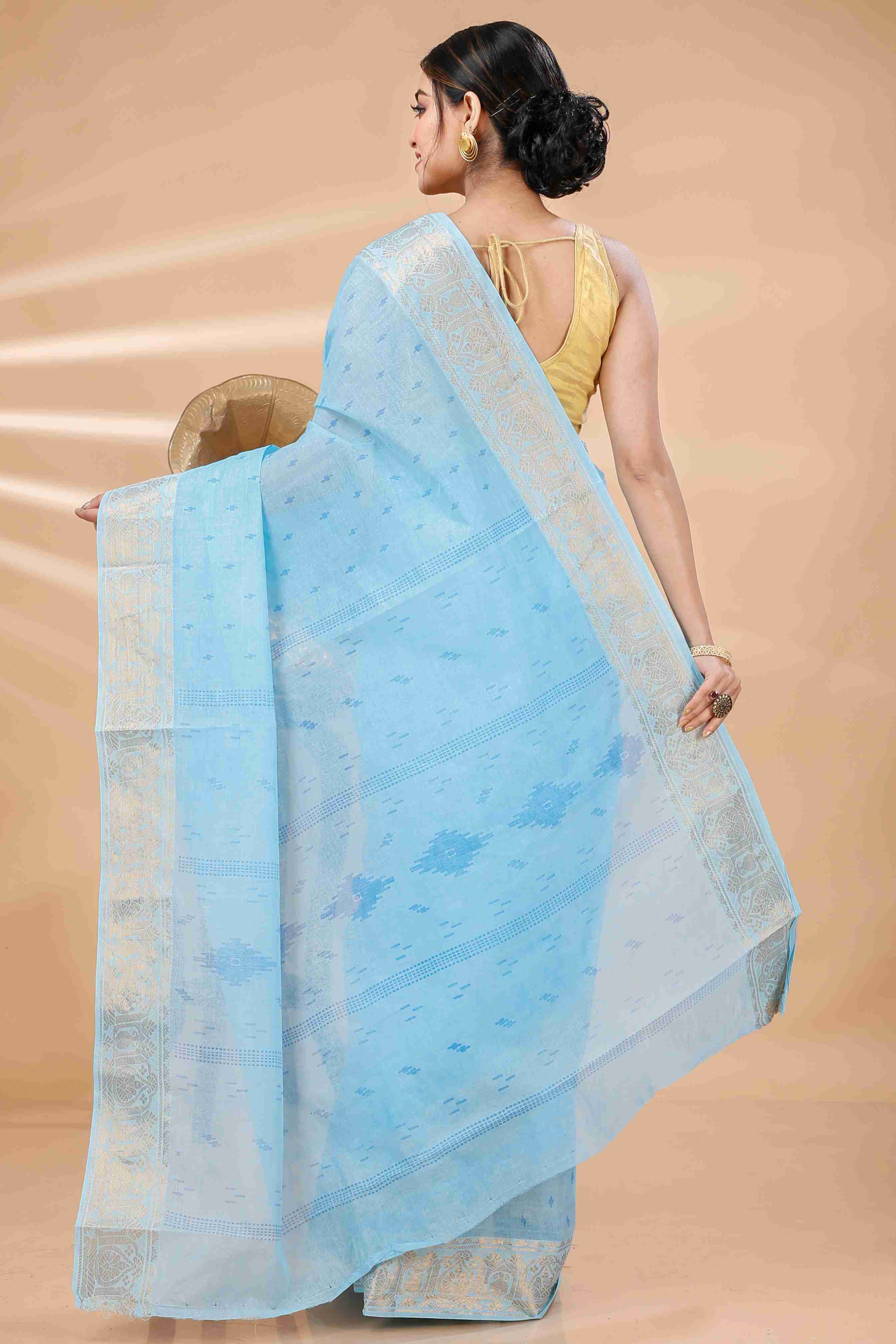 Sky Blue Pure Cotton Purvi Tant Saree Print (1391)