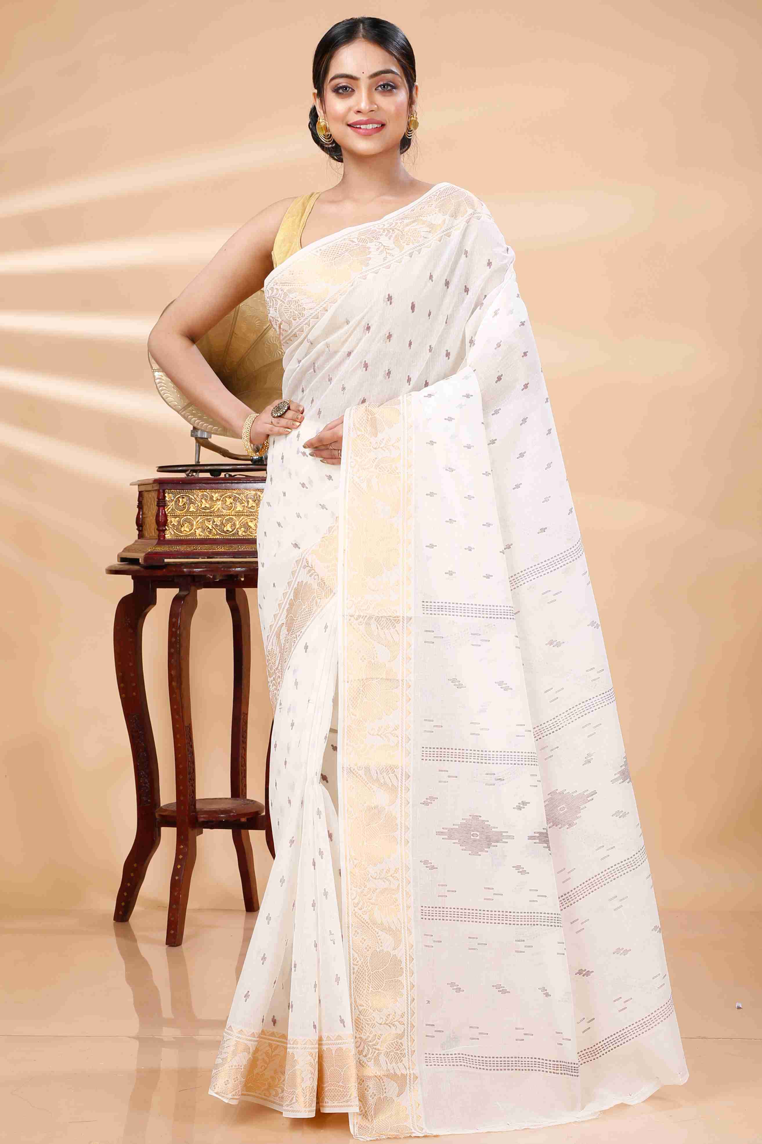 White Pure Cotton Purvi Tant Saree Print (1392)
