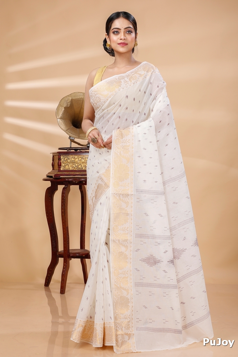 White Pure Cotton Purvi Tant Saree Print (1392)