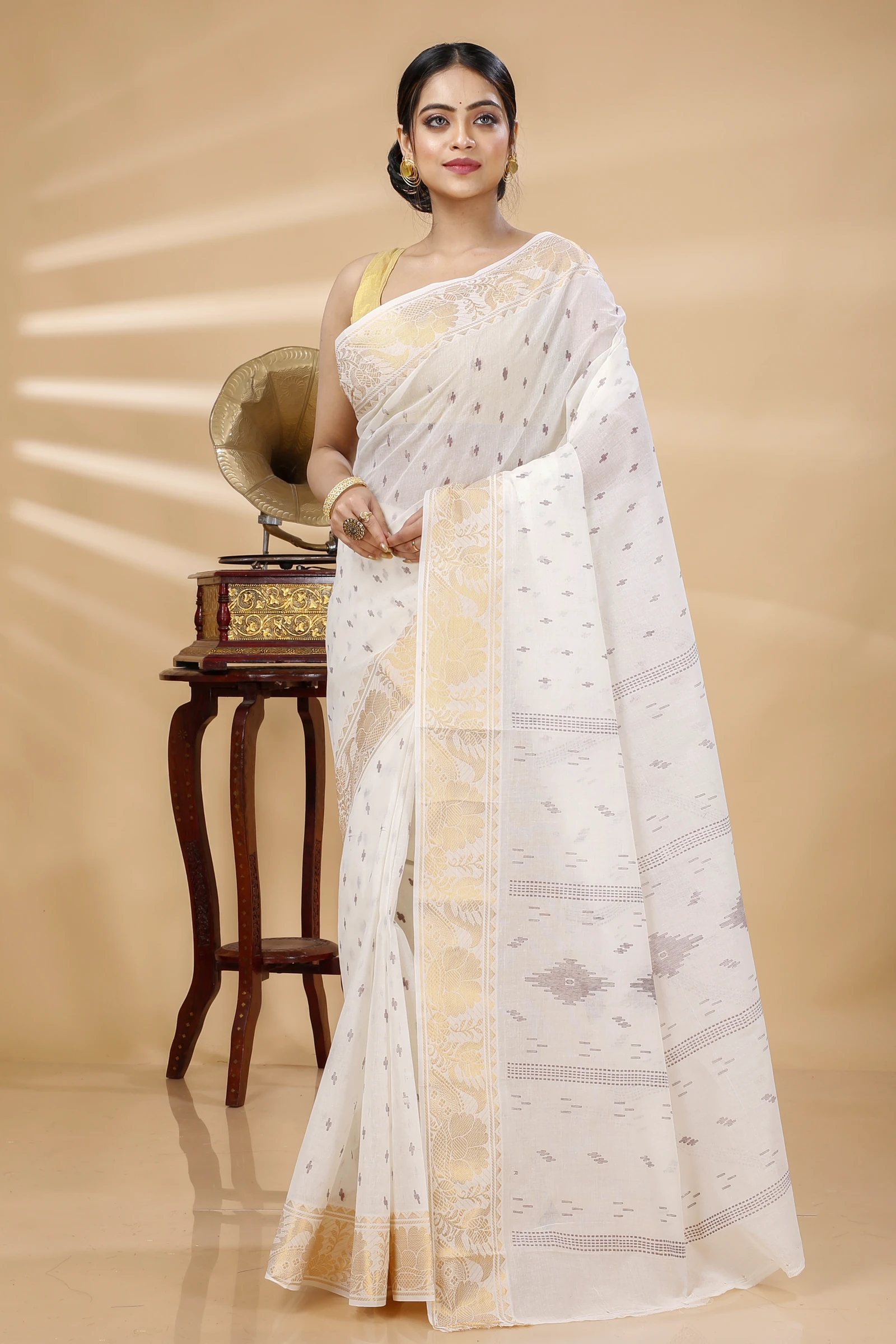 White Pure Cotton Purvi Tant Saree Print (1392)