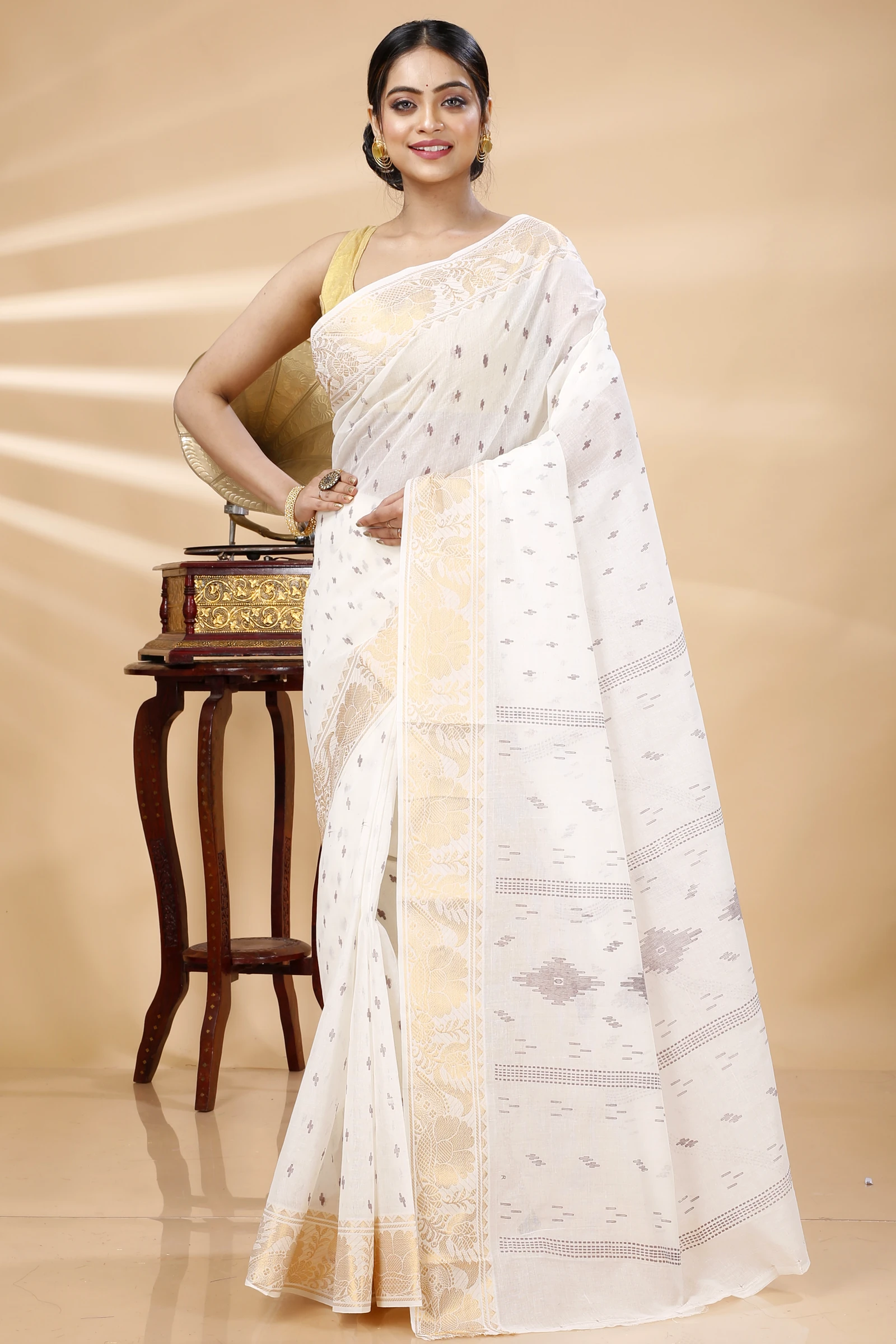 White Pure Cotton Purvi Tant Saree Print (1392)