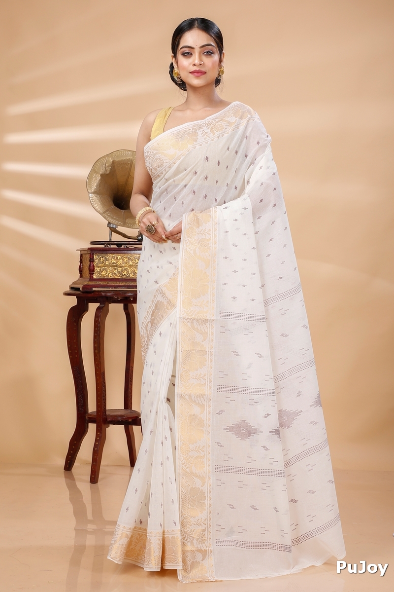 White Pure Cotton Purvi Tant Saree Print (1392)