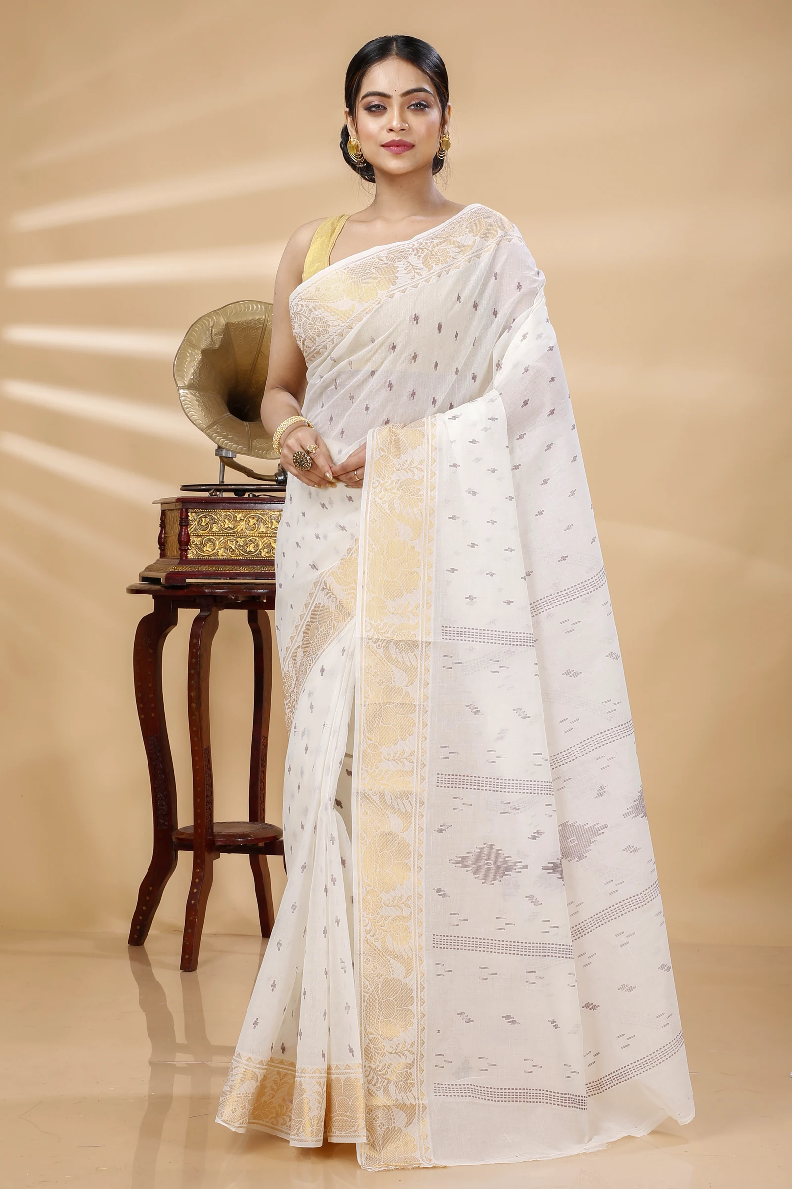 White Pure Cotton Purvi Tant Saree Print (1392)