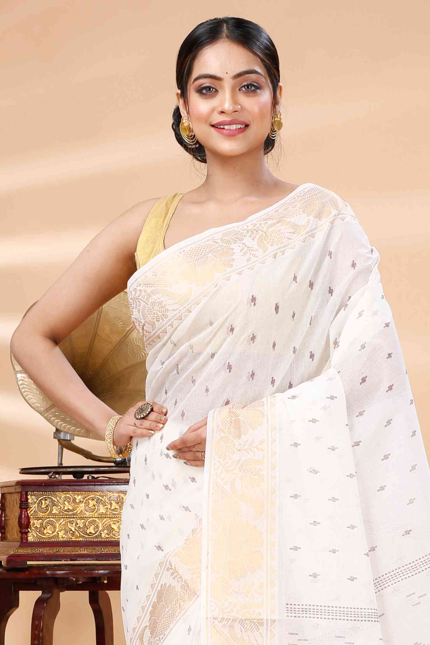 White Pure Cotton Purvi Tant Saree Print (1392)