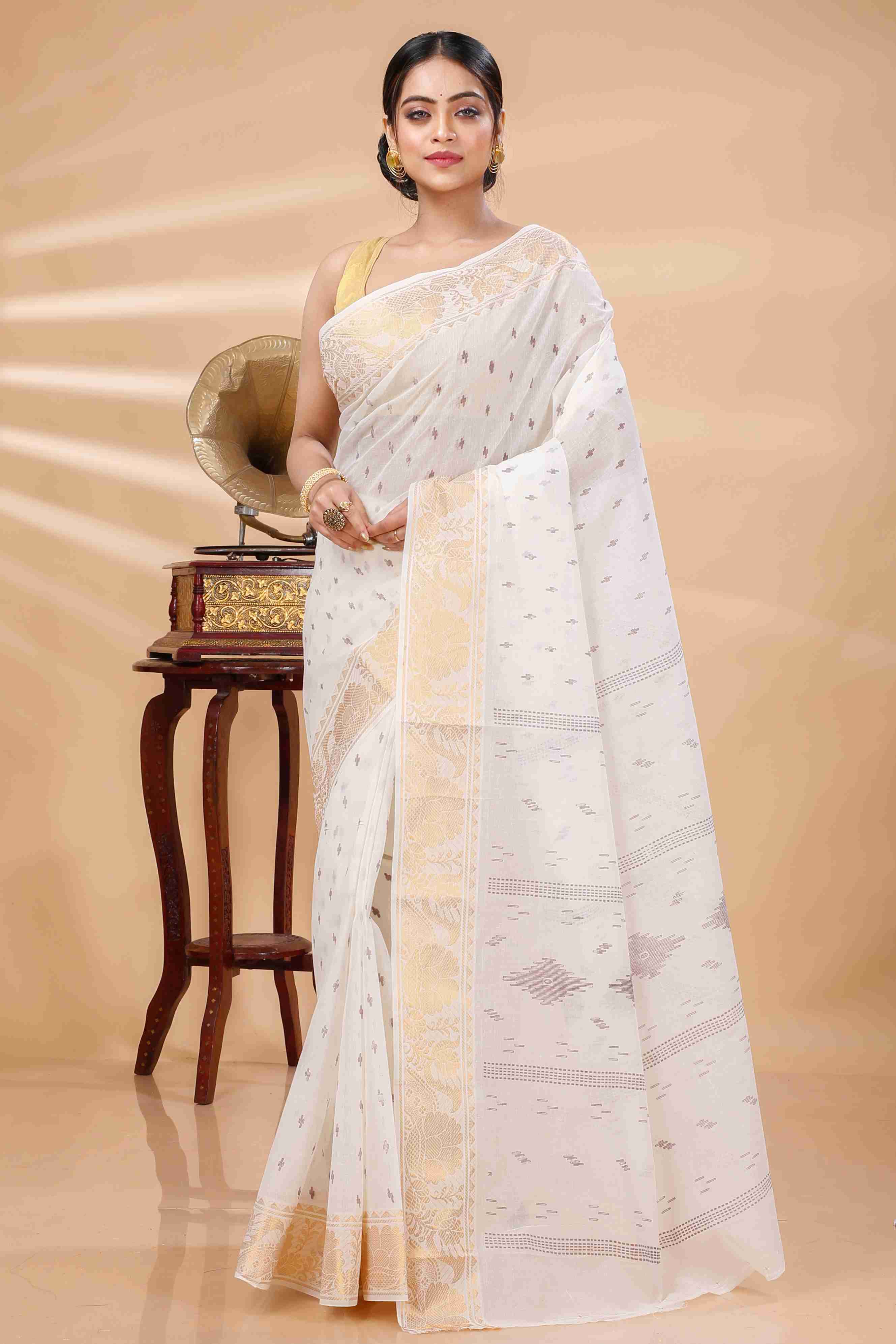 White Pure Cotton Purvi Tant Saree Print (1392)
