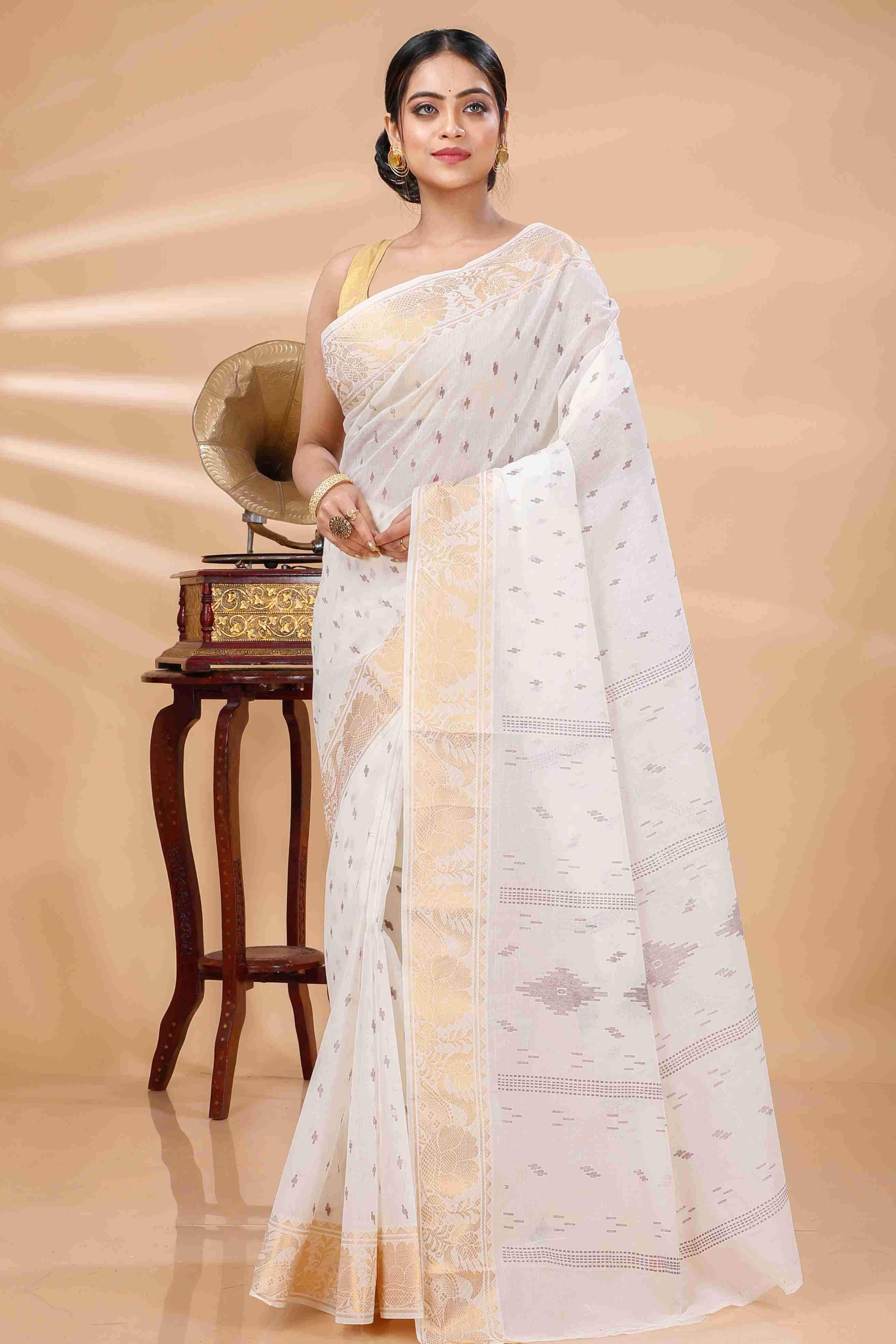 White Pure Cotton Purvi Tant Saree Print (1392)