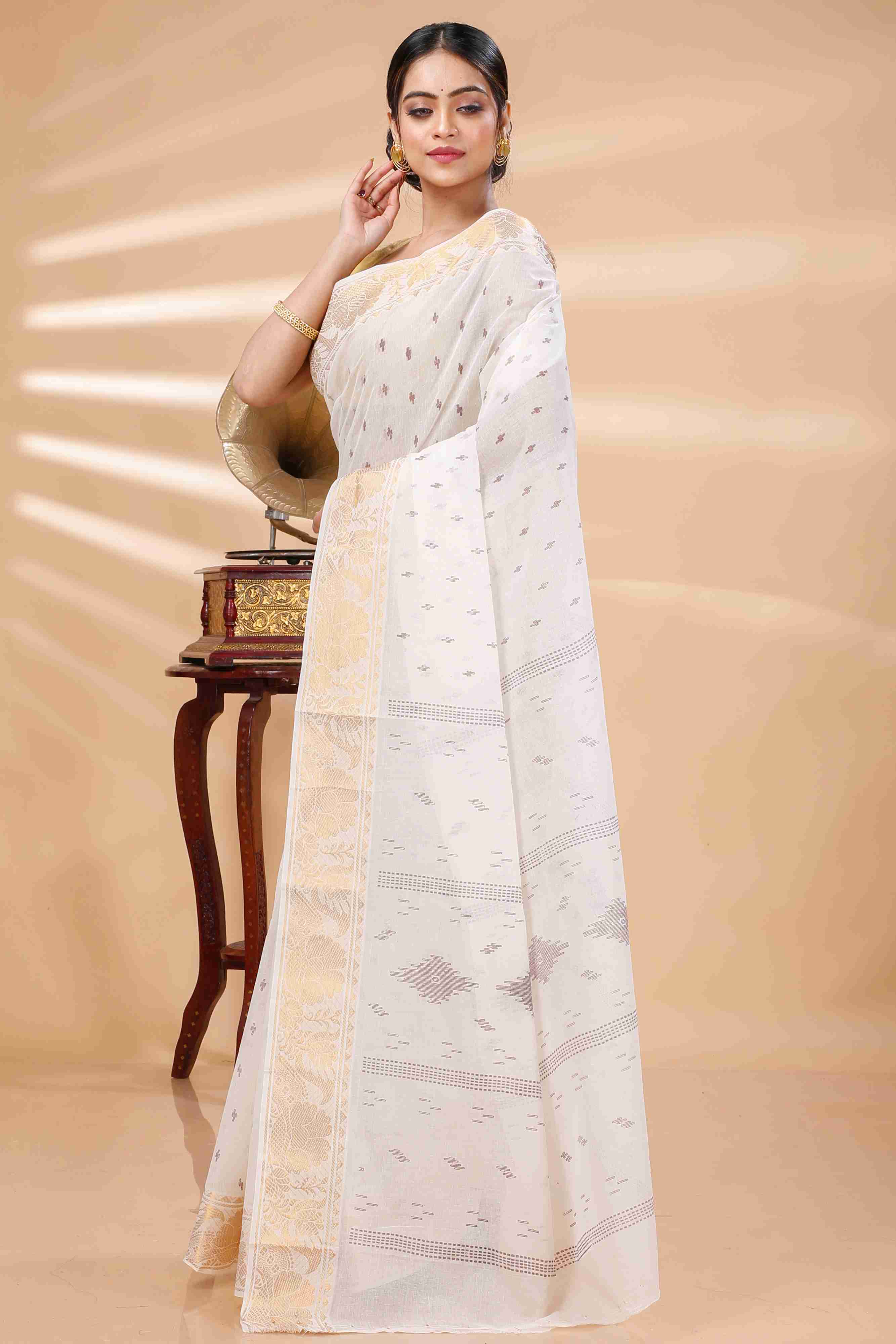 White Pure Cotton Purvi Tant Saree Print (1392)