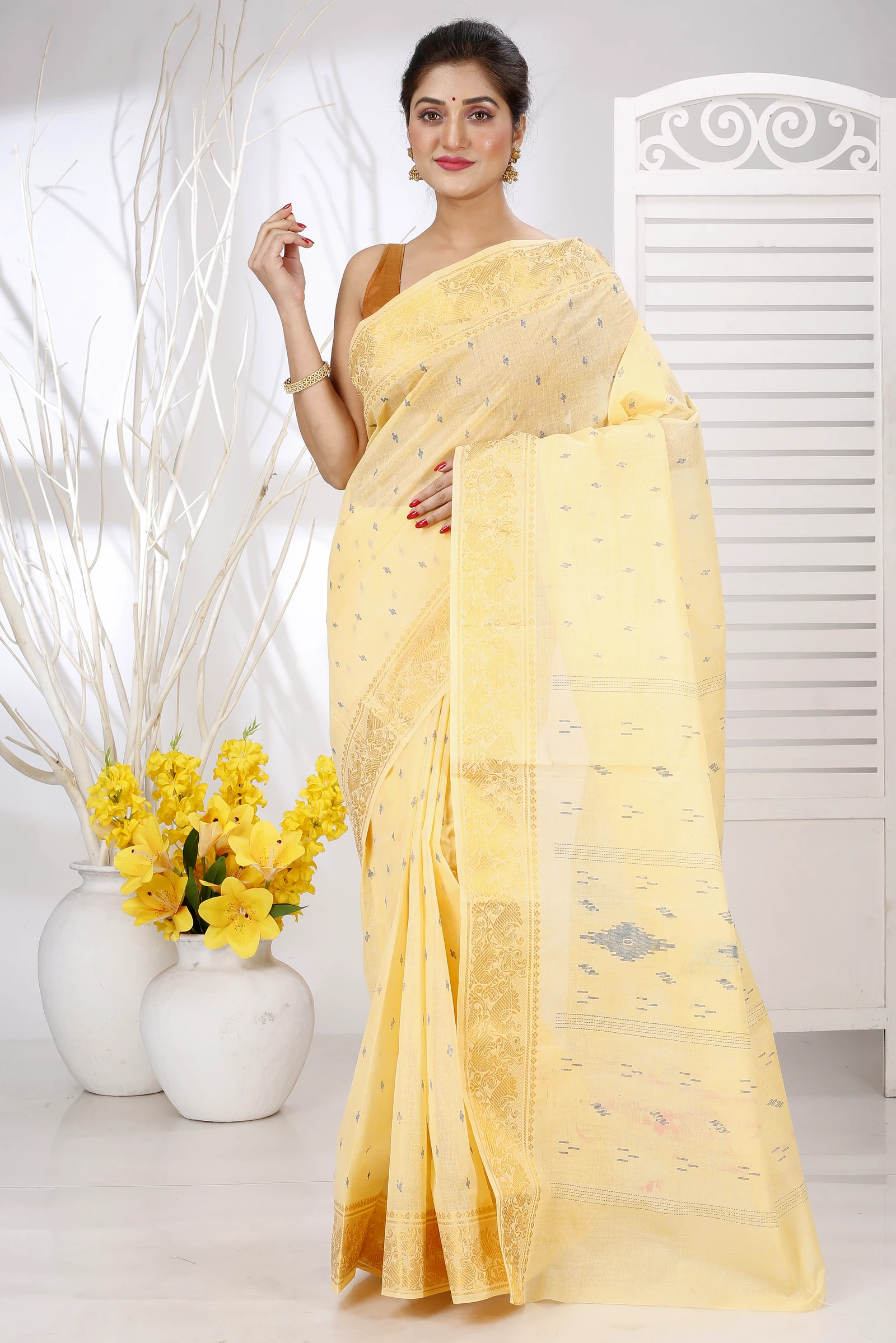 Yellow Pure Cotton Purvi Tant Saree Print (1393)