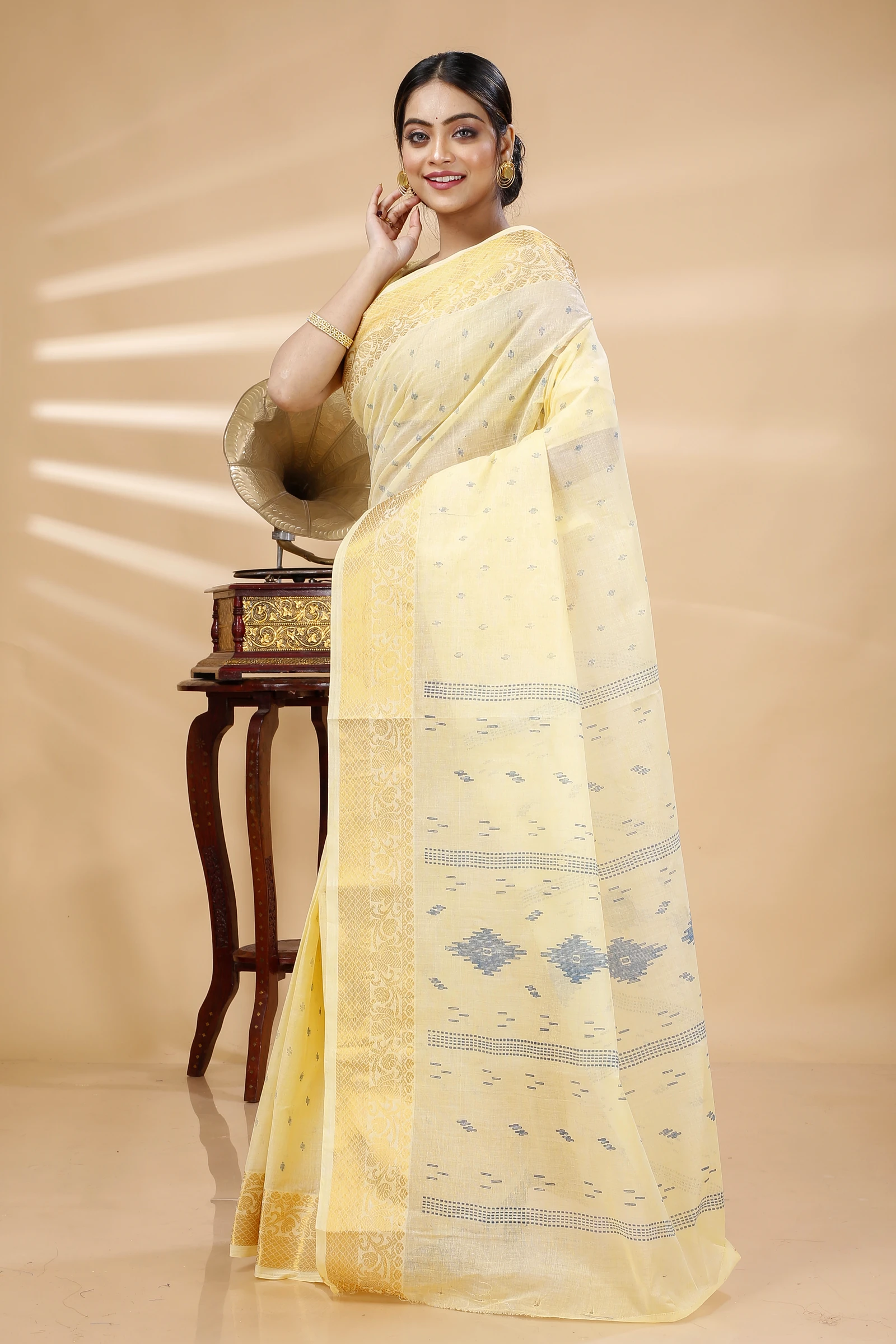Yellow Pure Cotton Purvi Tant Saree Print (1393)