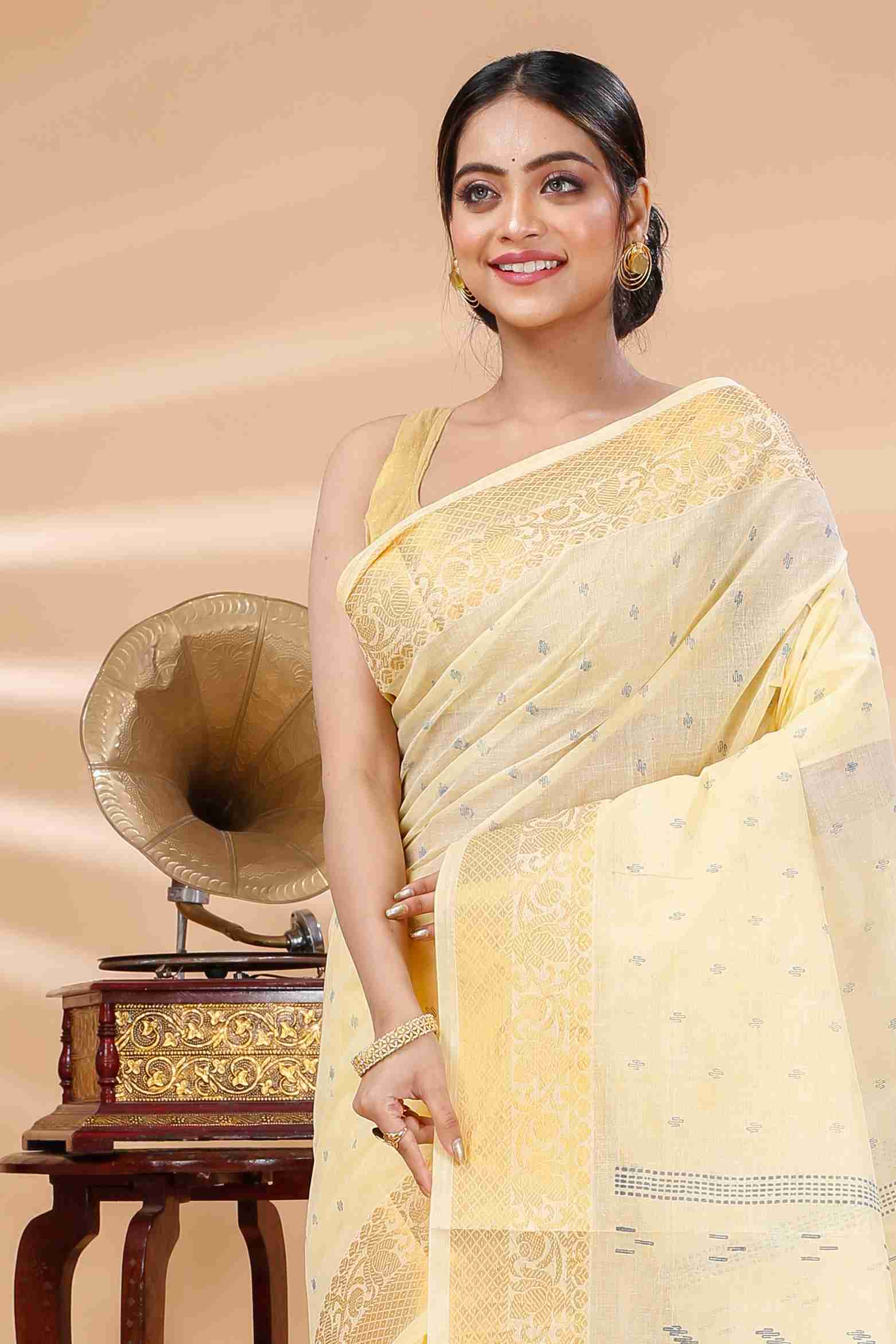 Yellow Pure Cotton Purvi Tant Saree Print (1393)