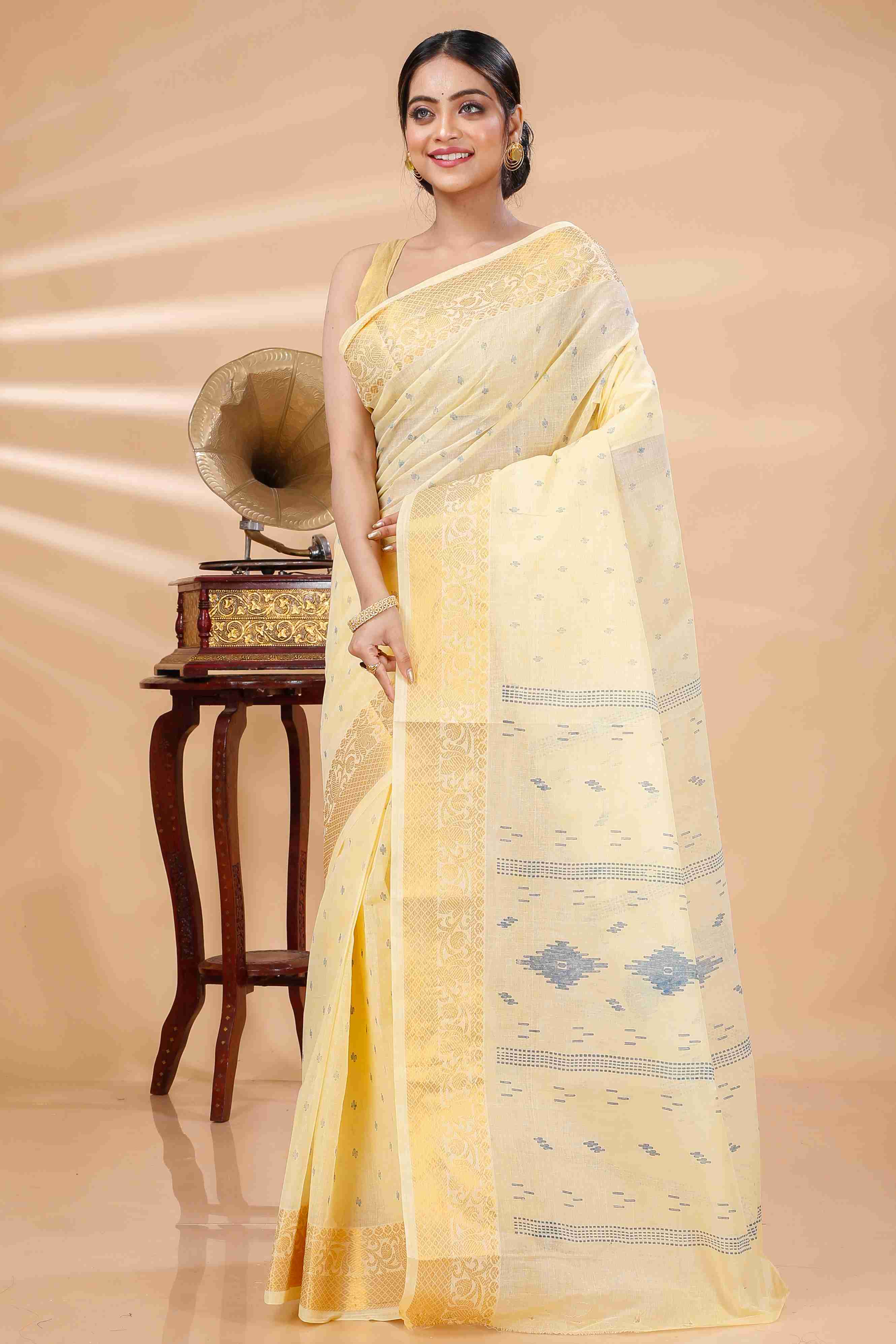 Yellow Pure Cotton Purvi Tant Saree Print (1393)