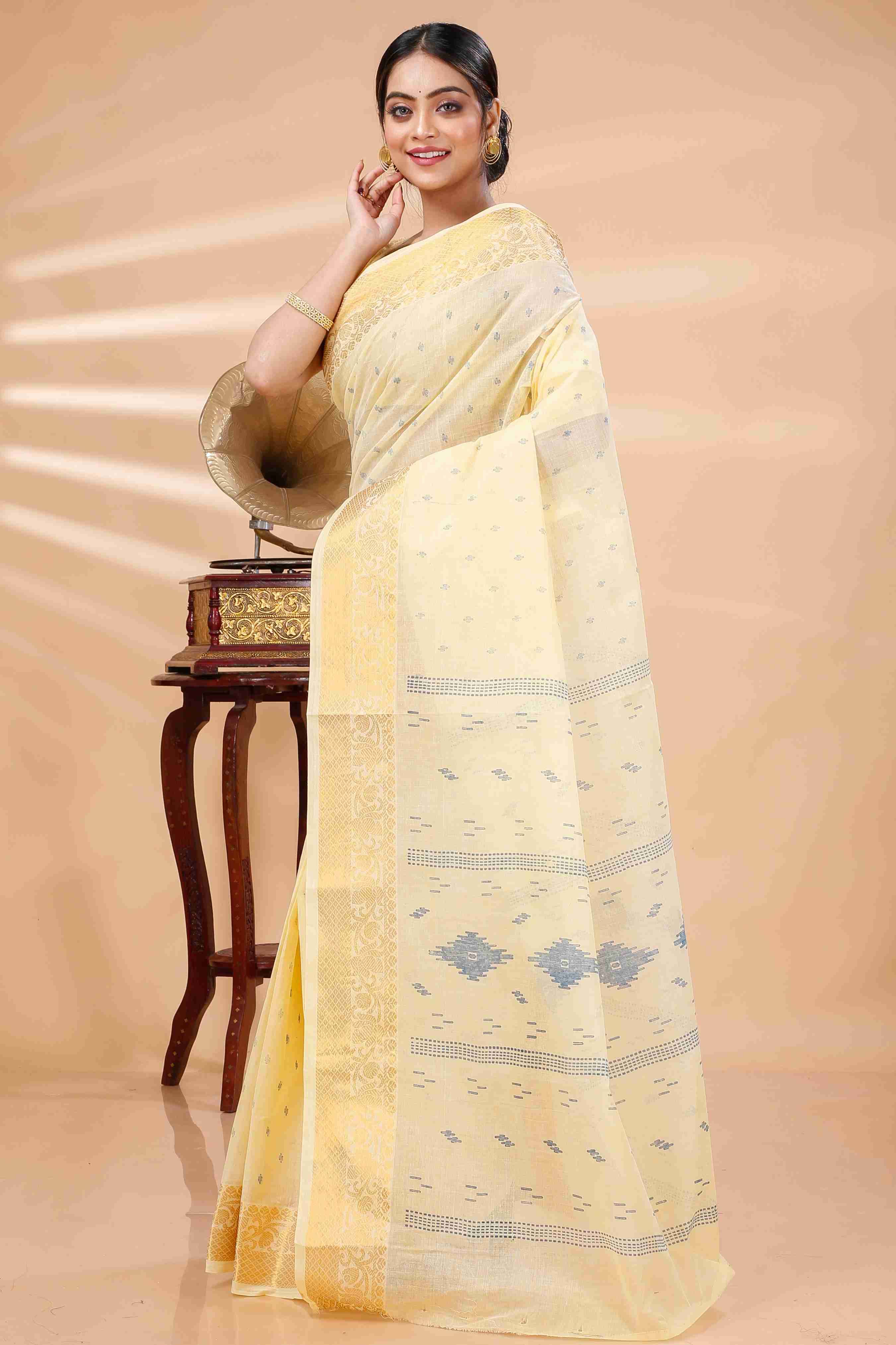 Yellow Pure Cotton Purvi Tant Saree Print (1393)