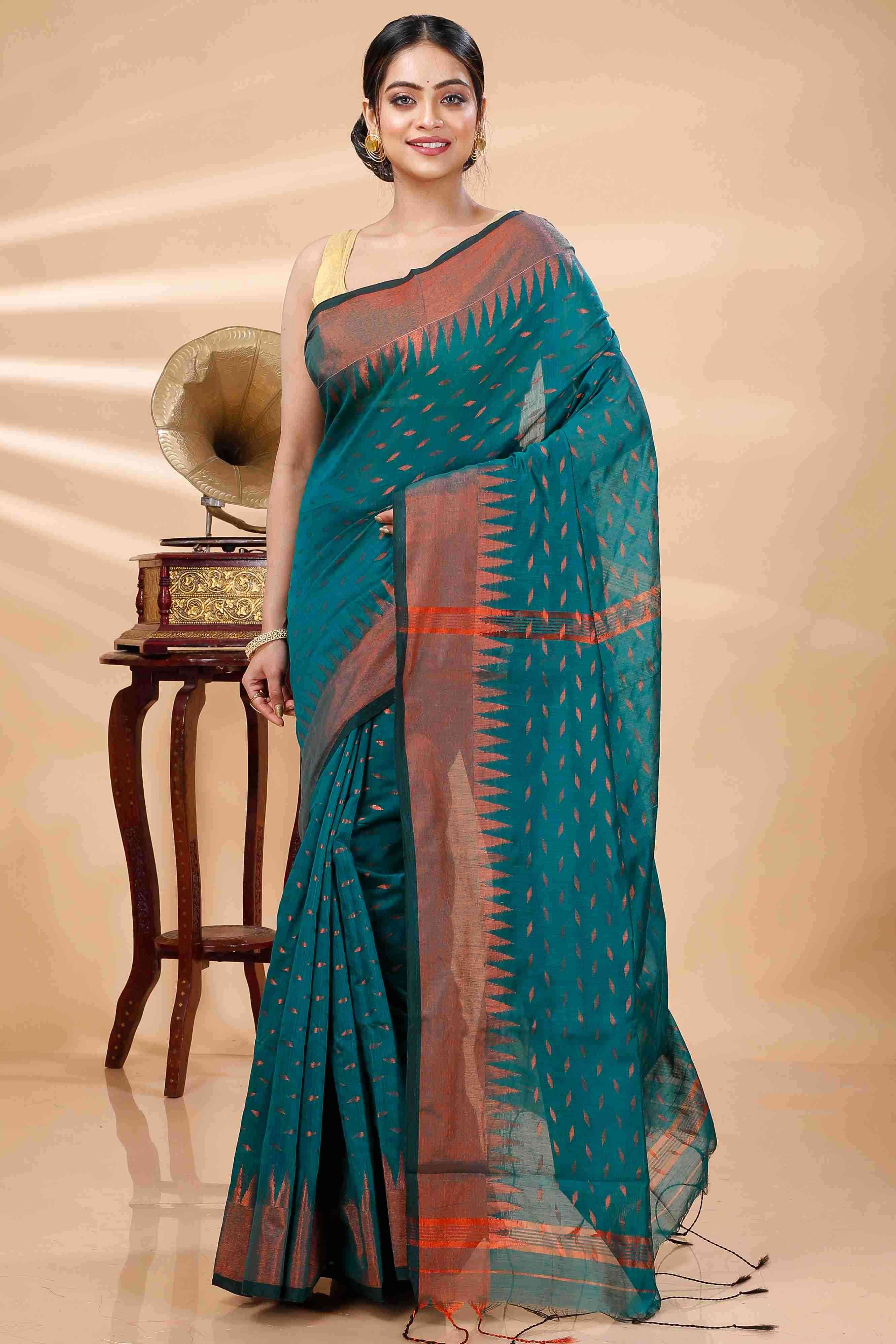 Dark Green Blended Cotton Prisha Hand Loom Saree (1396)