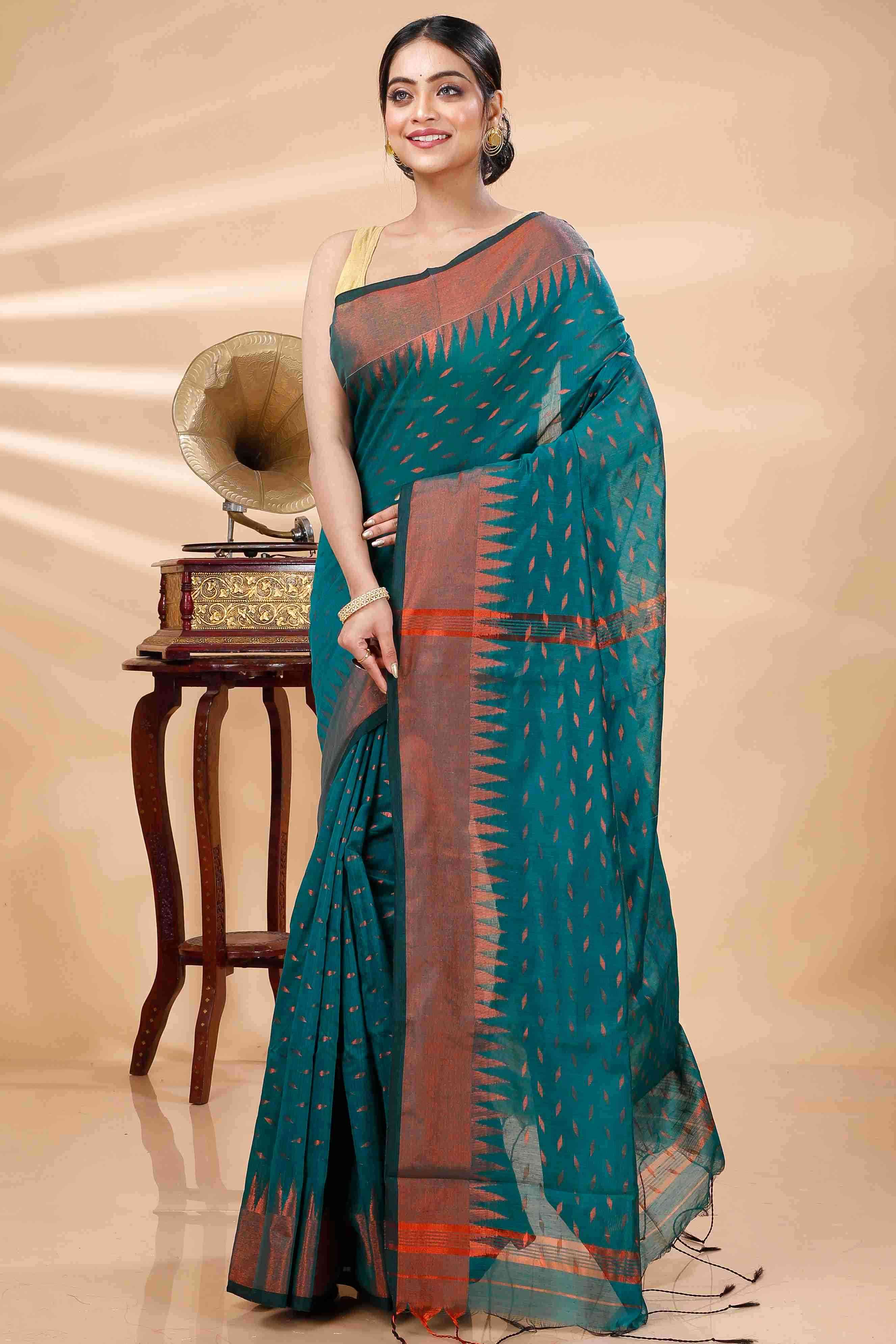 Dark Green Blended Cotton Prisha Hand Loom Saree (1396)