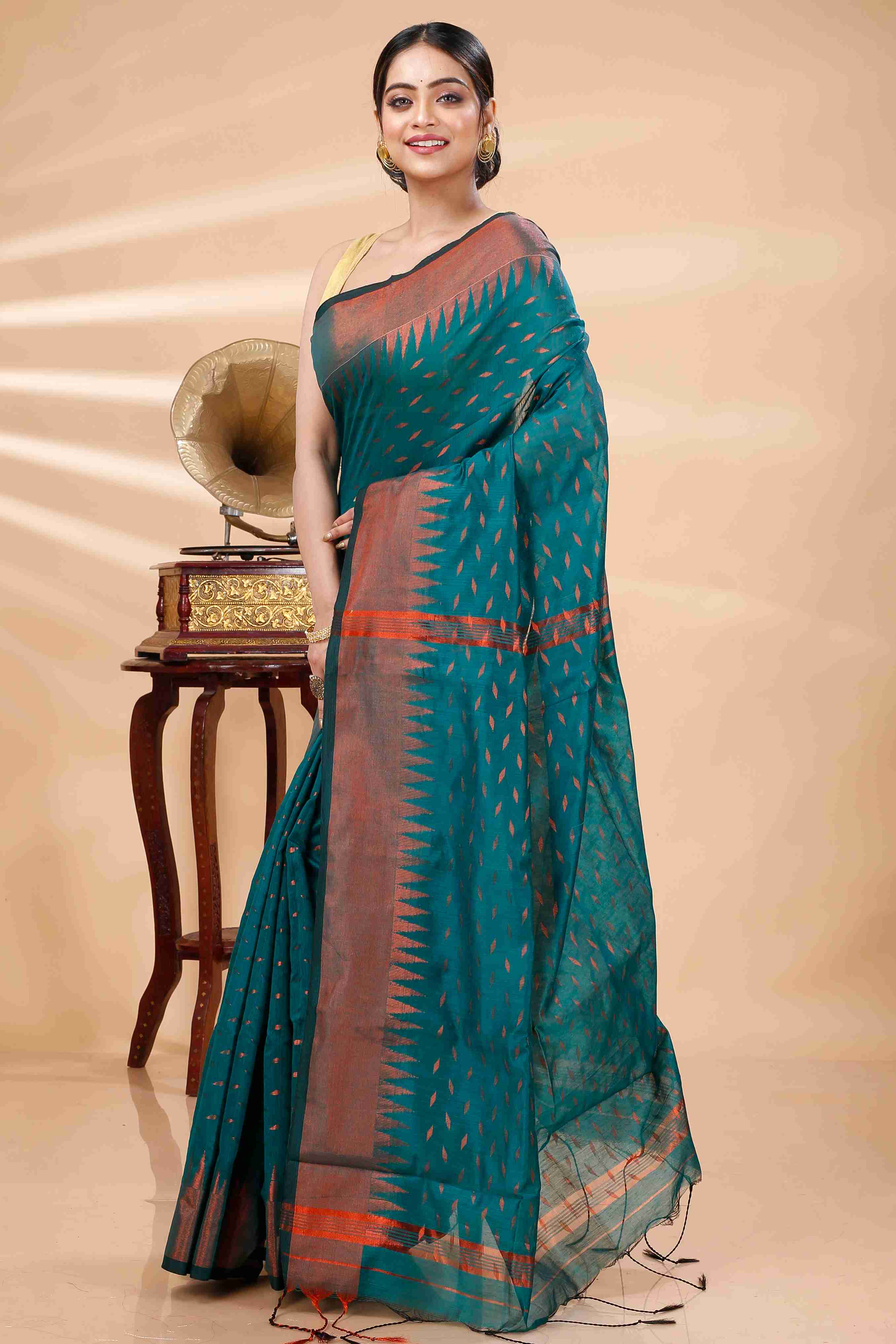 Dark Green Blended Cotton Prisha Hand Loom Saree (1396)