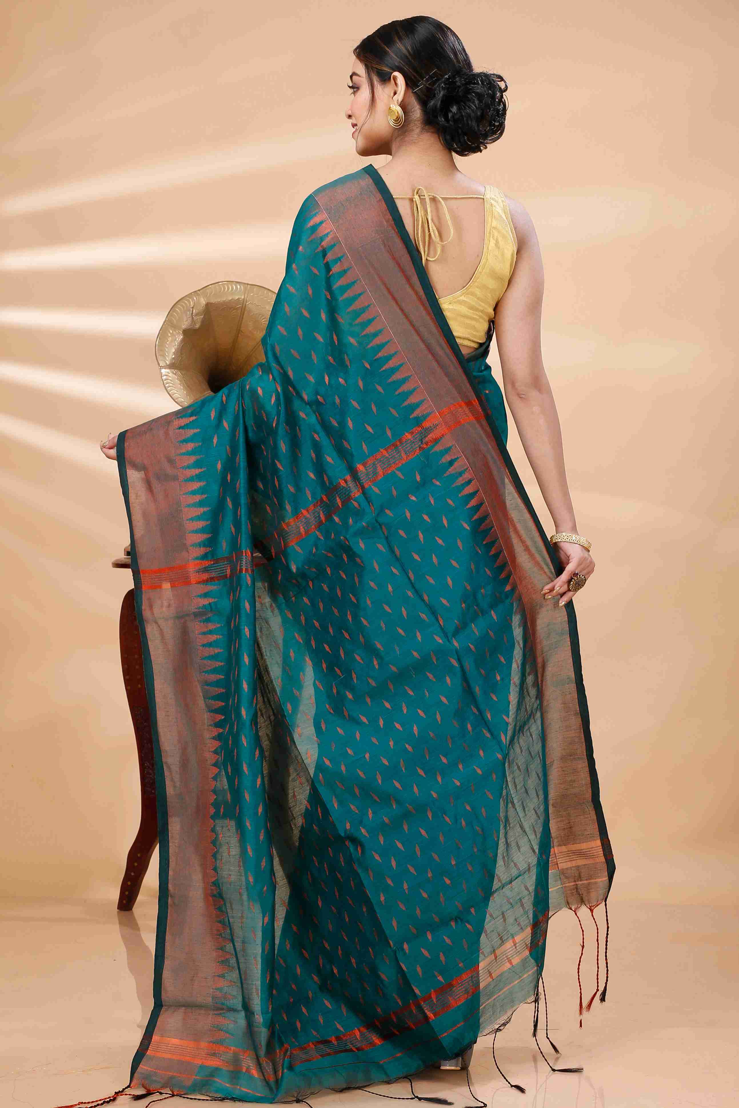 Dark Green Blended Cotton Prisha Hand Loom Saree (1396)