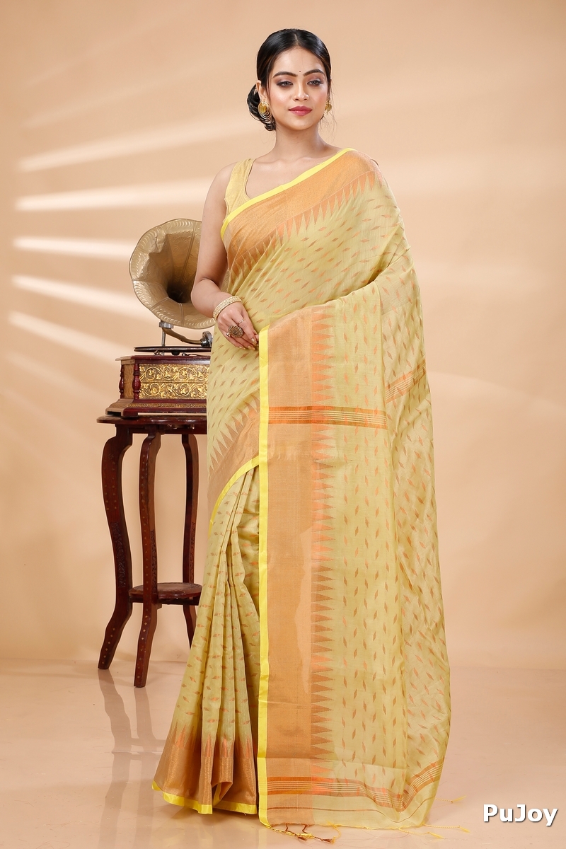 Yellow Blended Cotton Prisha Hand Loom Saree (1397)