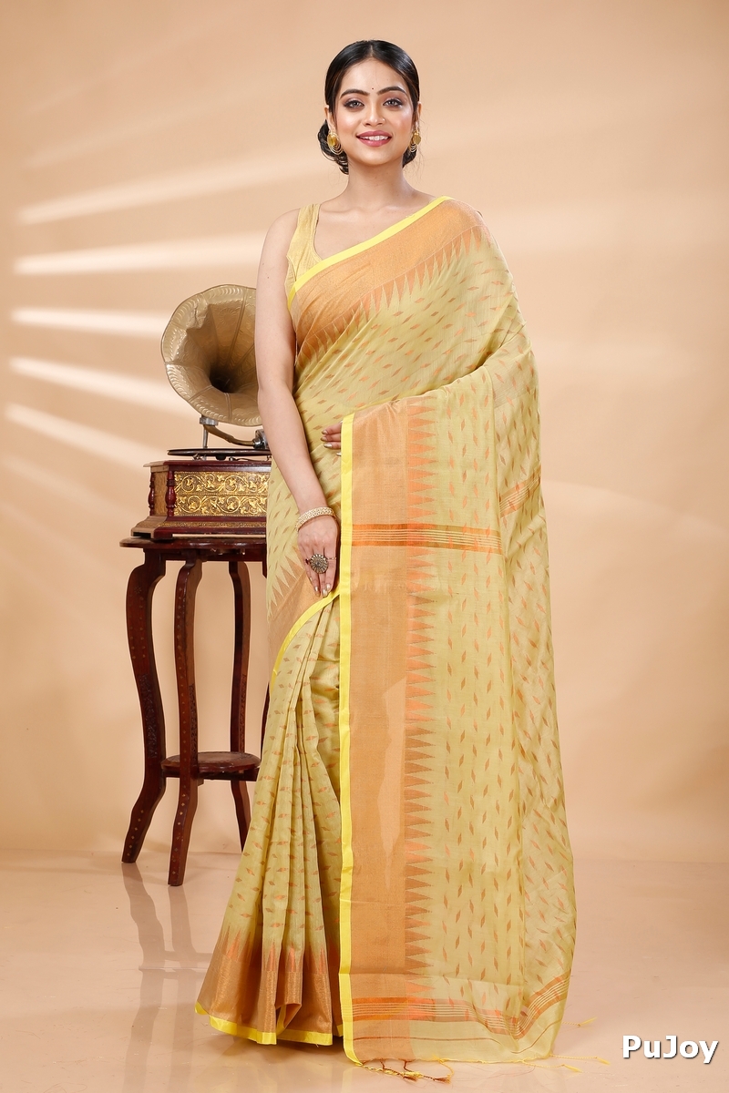Yellow Blended Cotton Prisha Hand Loom Saree (1397)