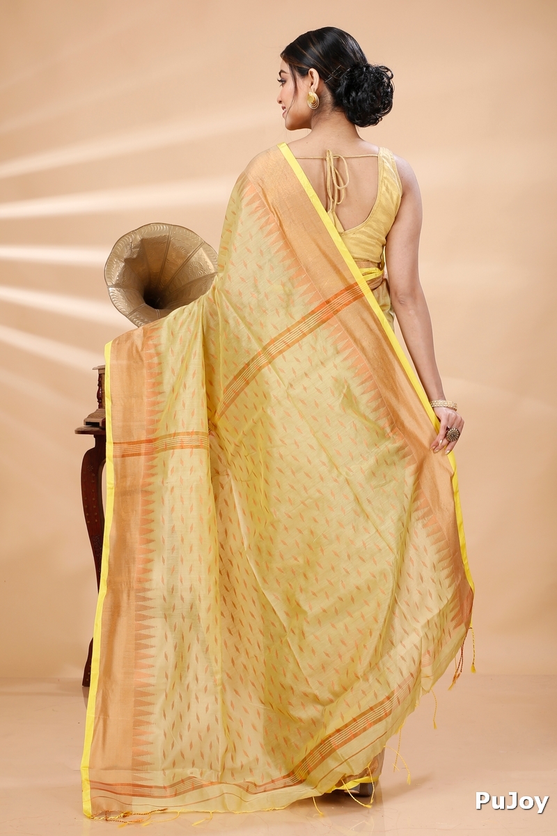 Yellow Blended Cotton Prisha Hand Loom Saree (1397)