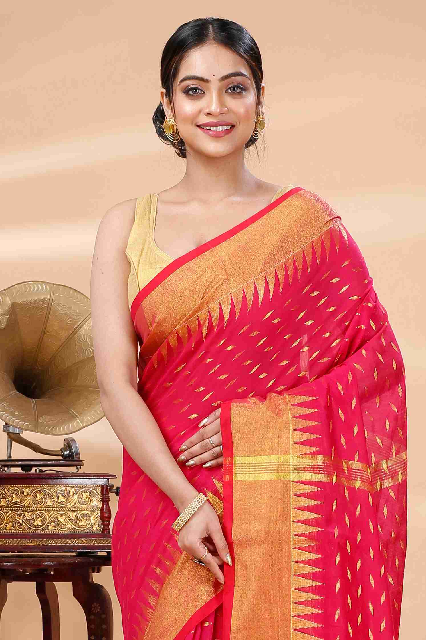 Red Blended Cotton Prisha Hand Loom Saree (1398)