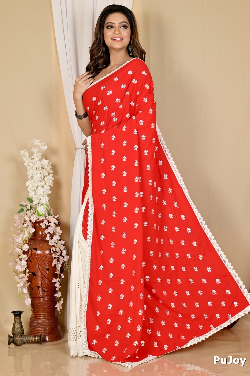 Red White Pure Cotton LalPori Hand Loom Saree (14)