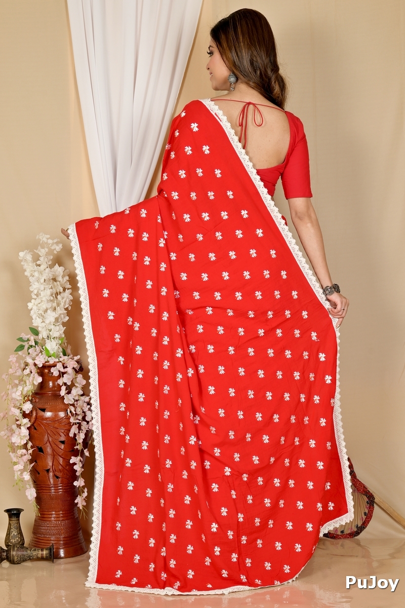 Red White Pure Cotton LalPori Hand Loom Saree (14)