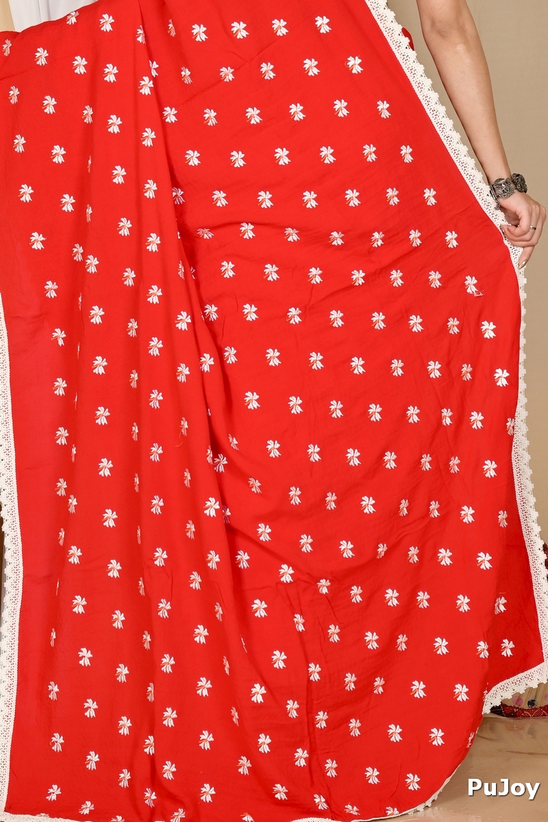 Red White Pure Cotton LalPori Hand Loom Saree (14)