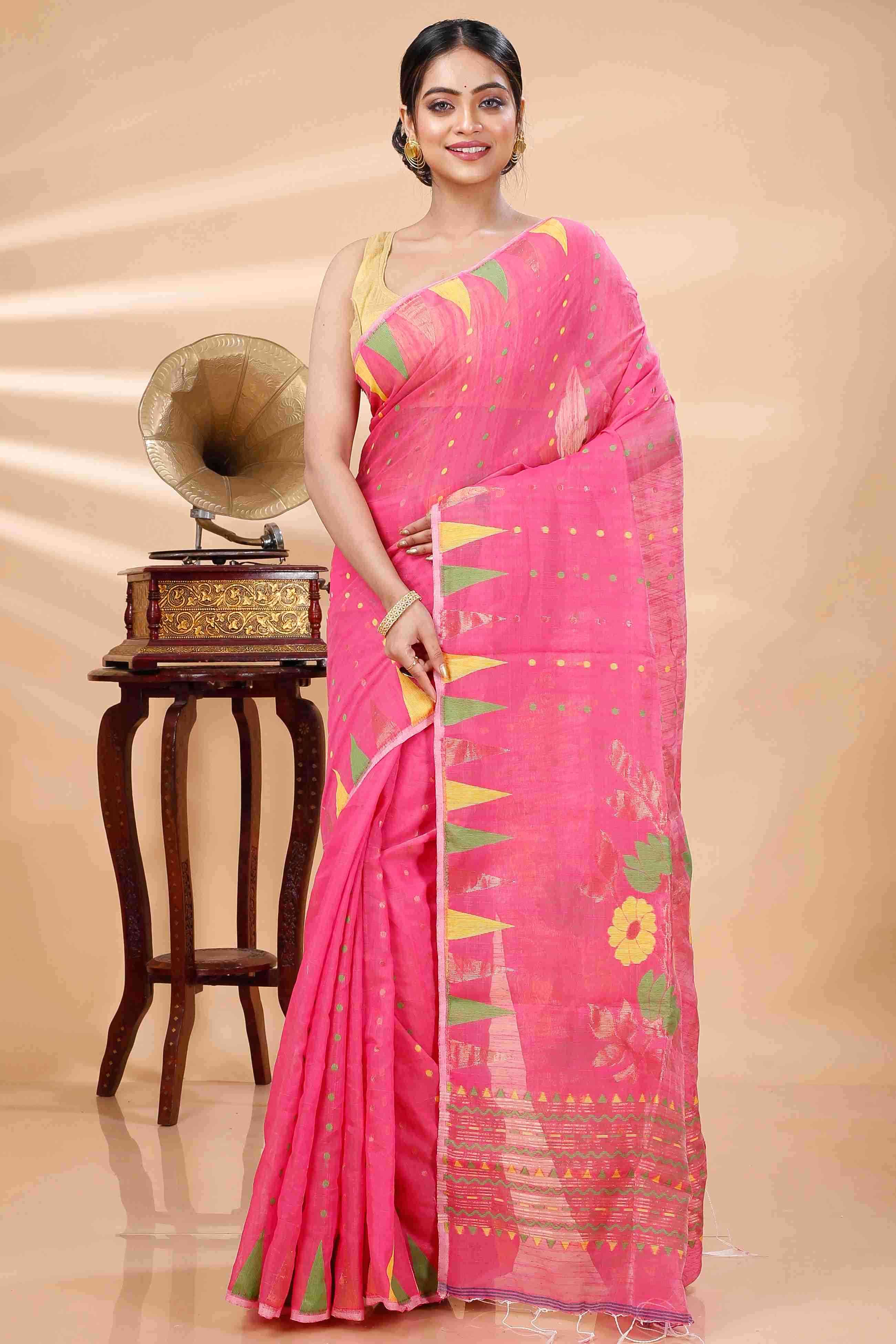 Pink Blended Cotton Pilu Hand Loom Saree (1401)