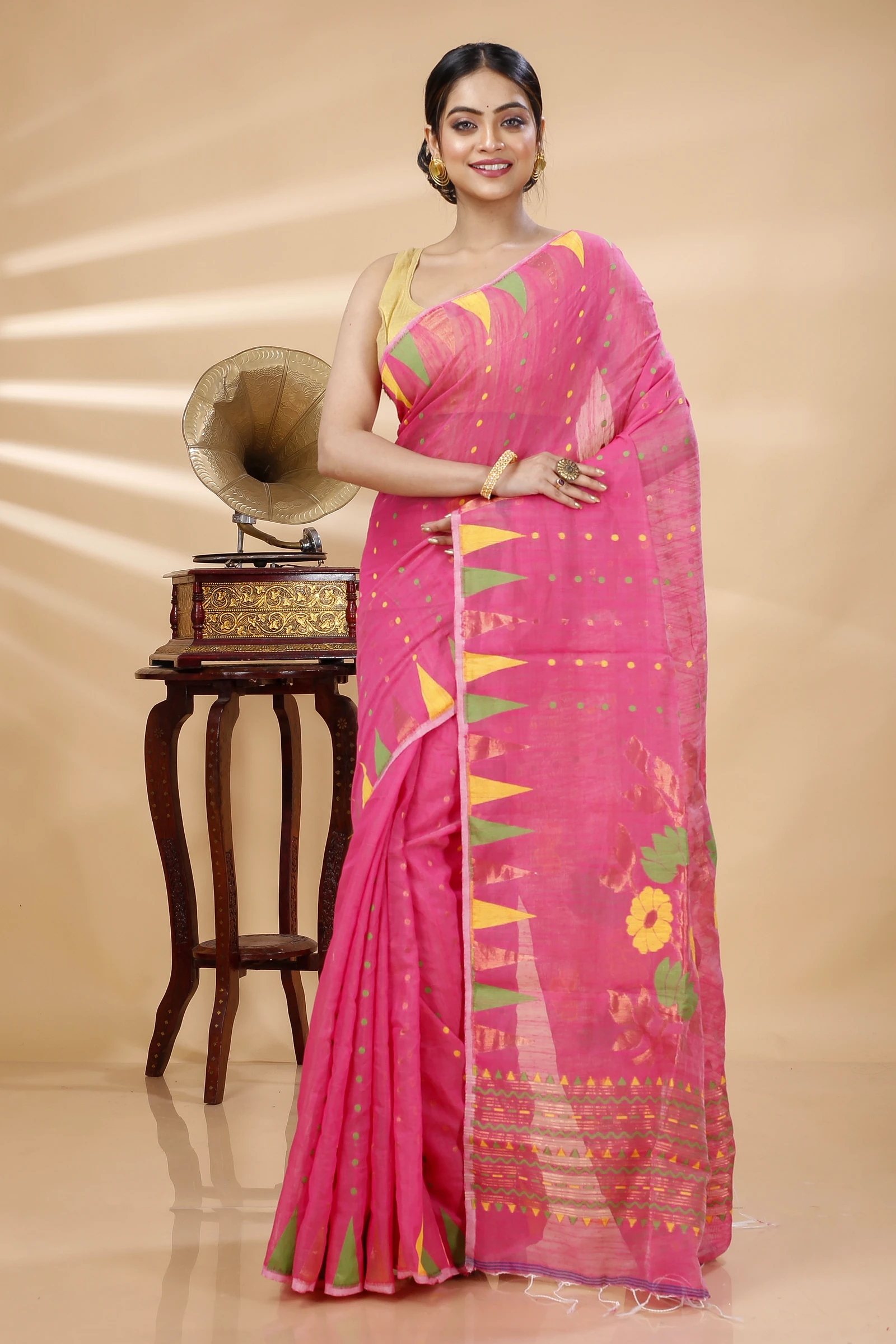 Pink Blended Cotton Pilu Hand Loom Saree (1401)