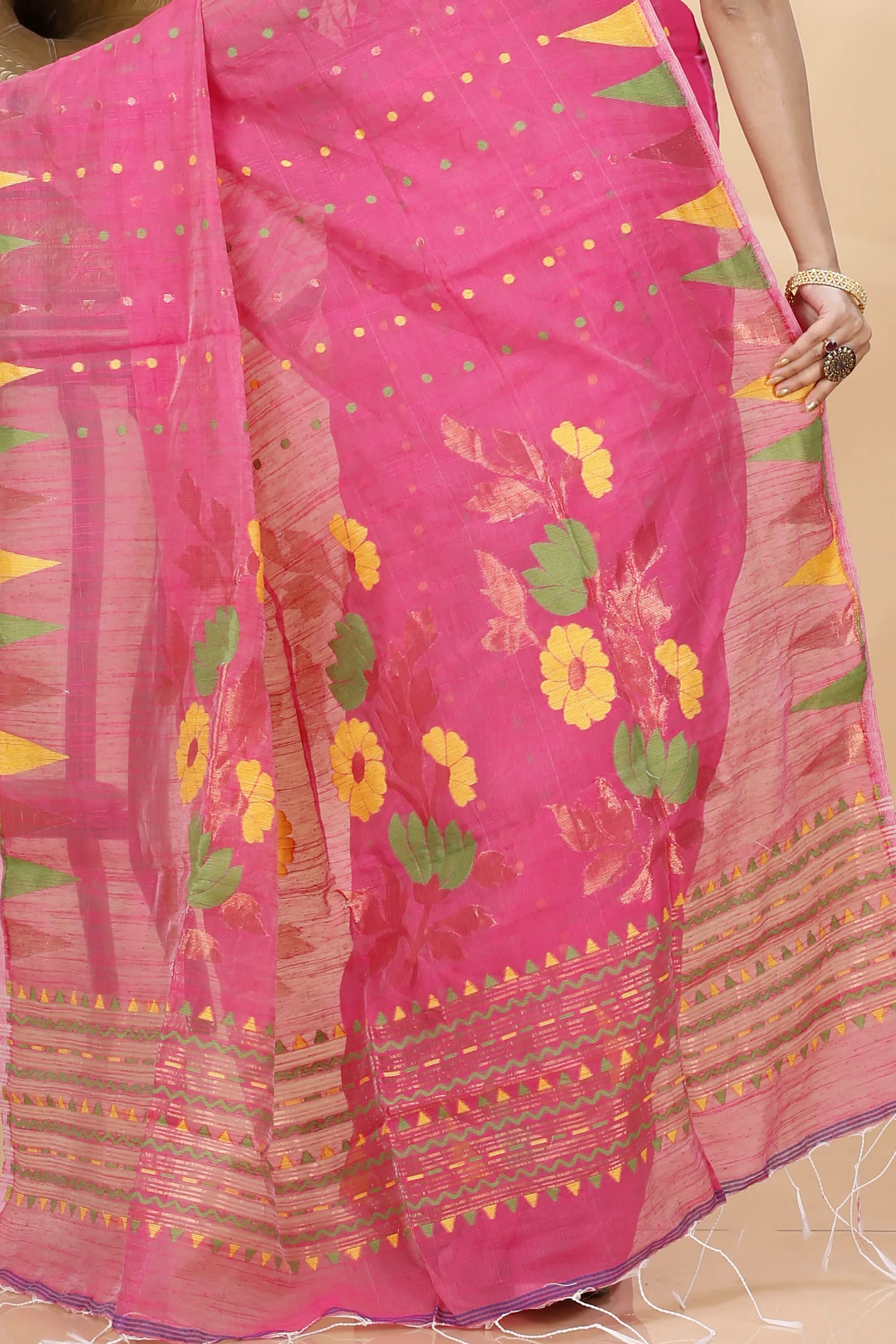Pink Blended Cotton Pilu Hand Loom Saree (1401)