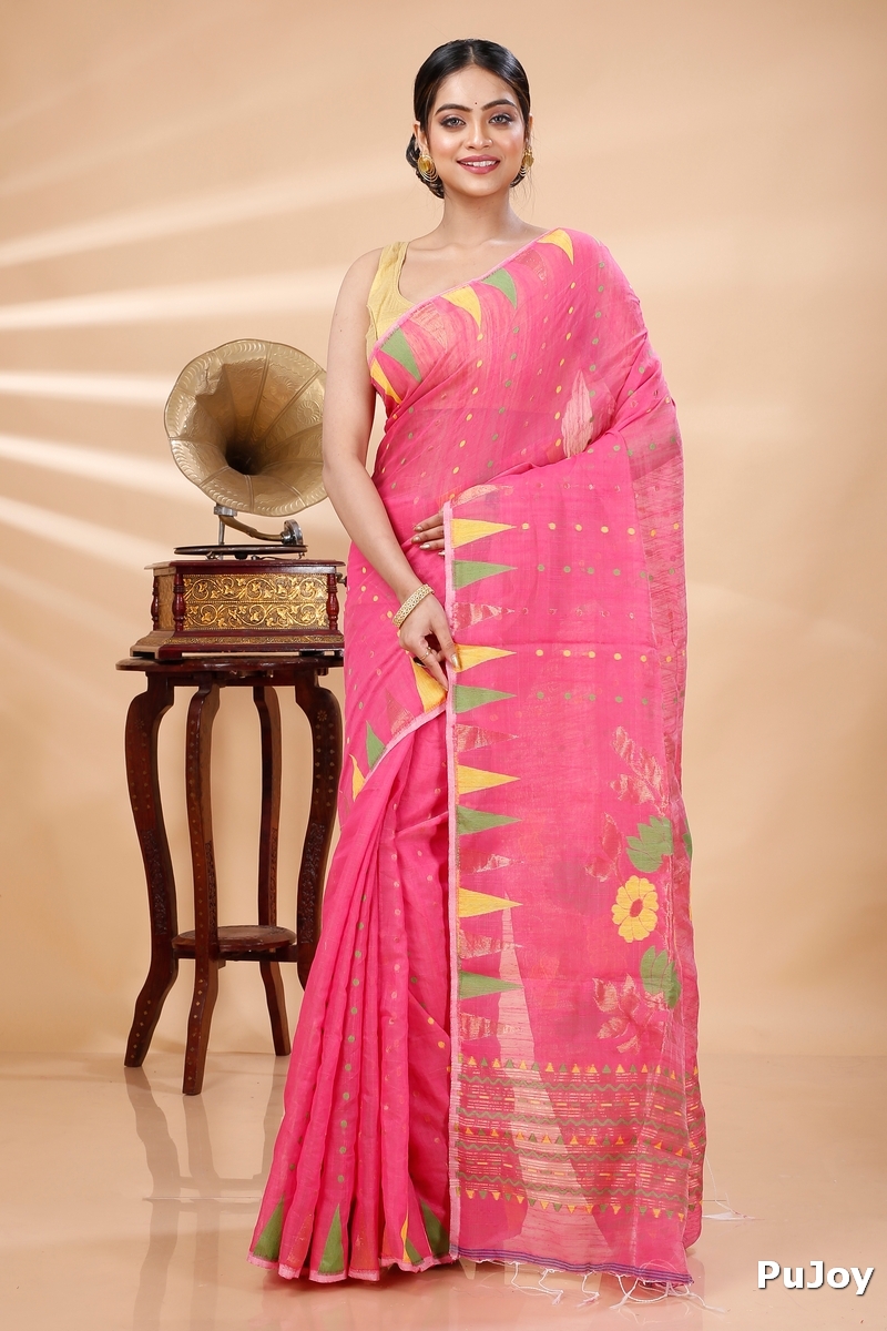 Pink Blended Cotton Pilu Hand Loom Saree (1401)