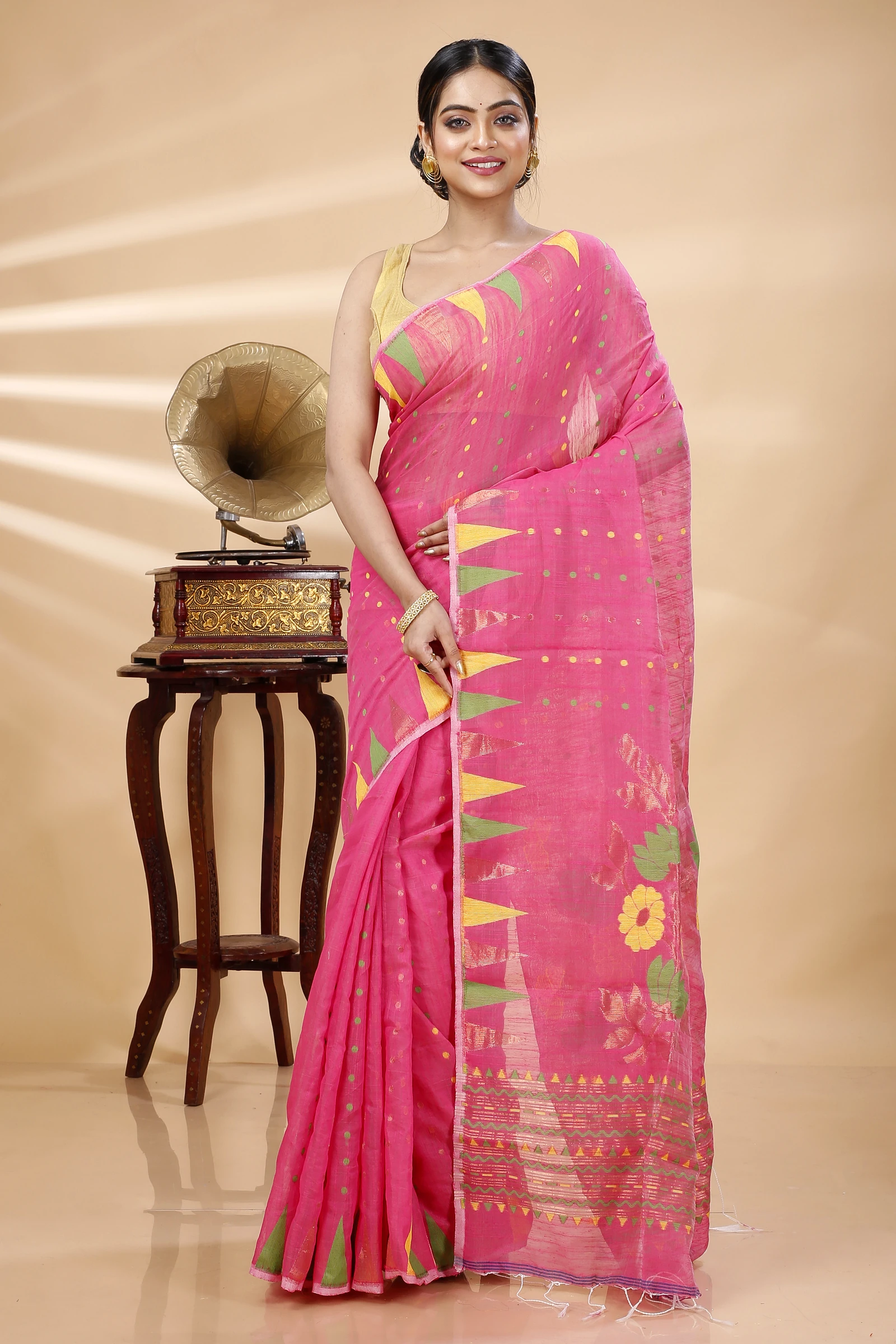 Pink Blended Cotton Pilu Hand Loom Saree (1401)