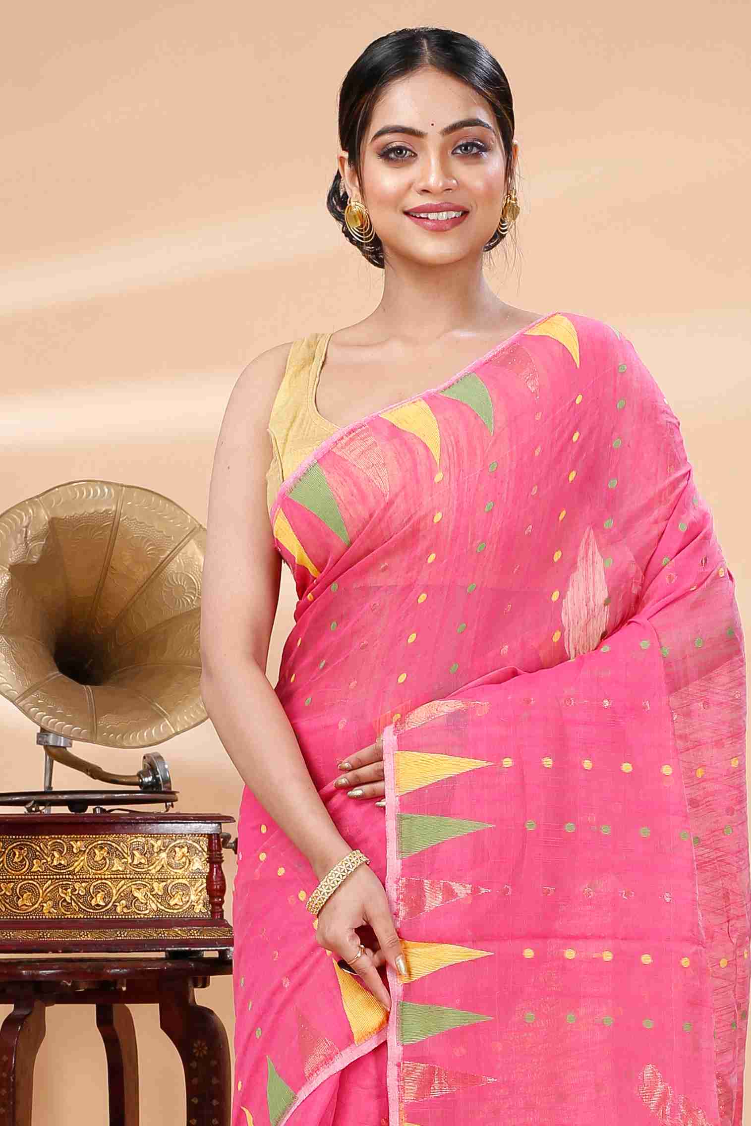 Pink Blended Cotton Pilu Hand Loom Saree (1401)