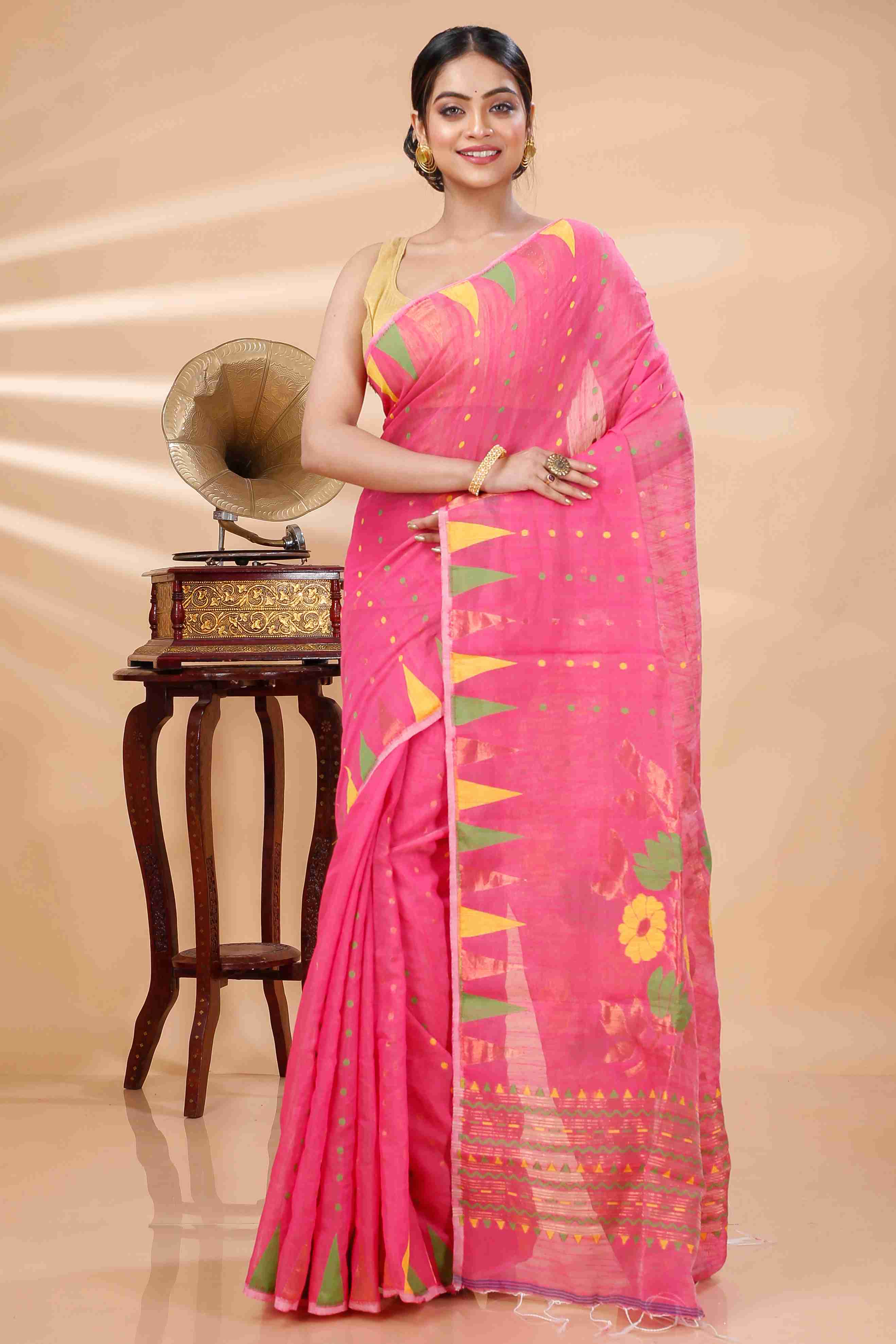 Pink Blended Cotton Pilu Hand Loom Saree (1401)