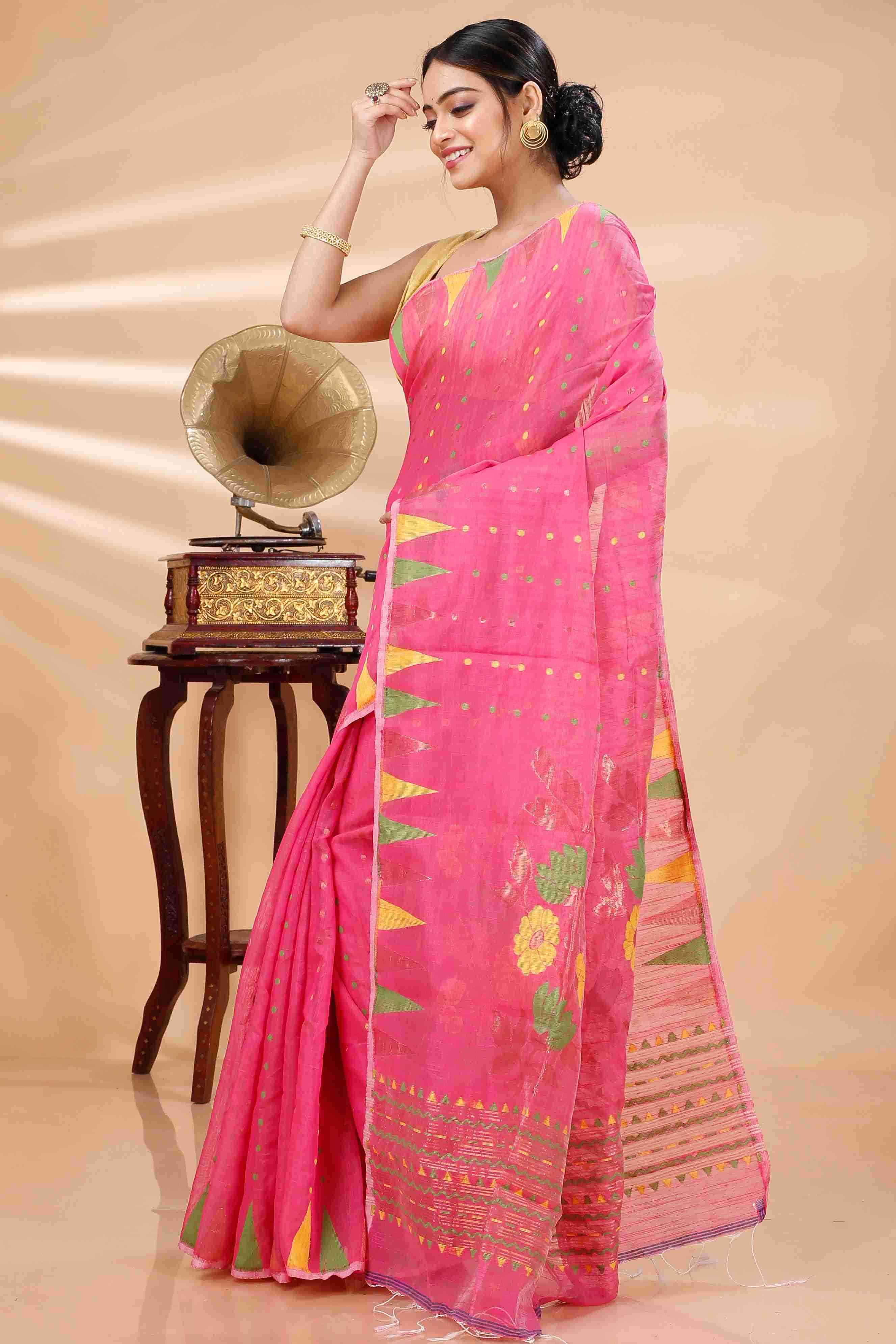 Pink Blended Cotton Pilu Hand Loom Saree (1401)