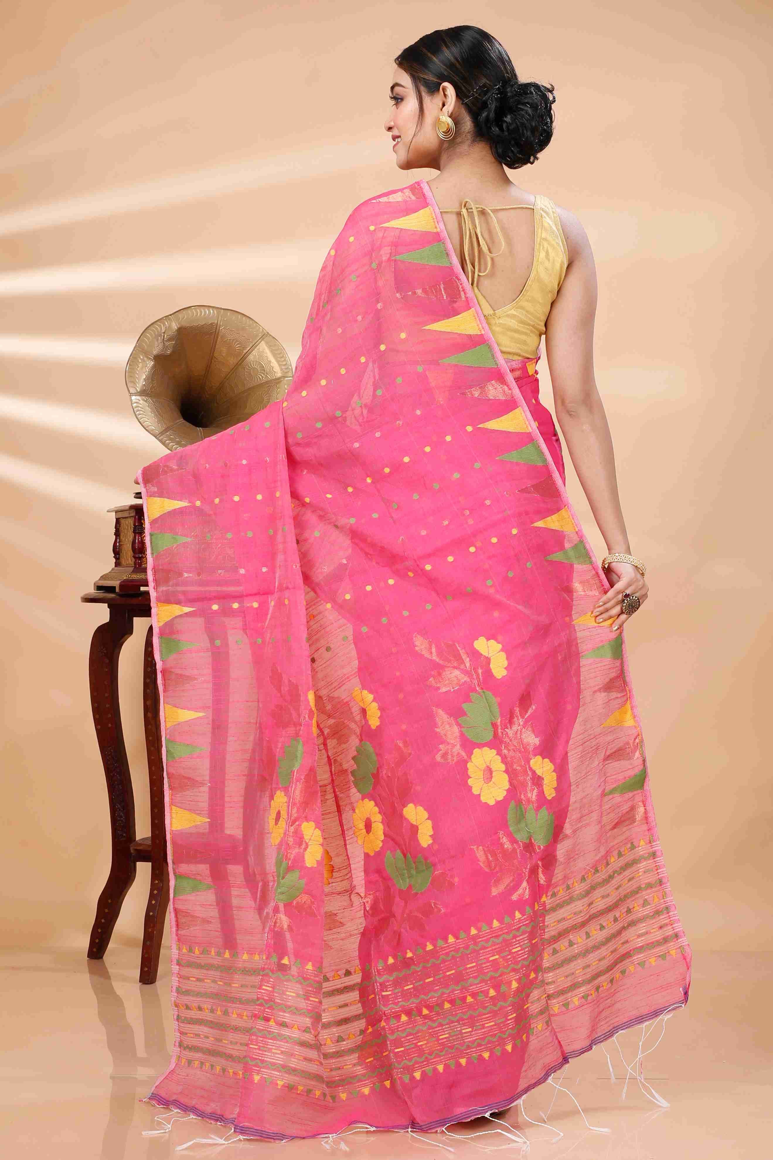 Pink Blended Cotton Pilu Hand Loom Saree (1401)