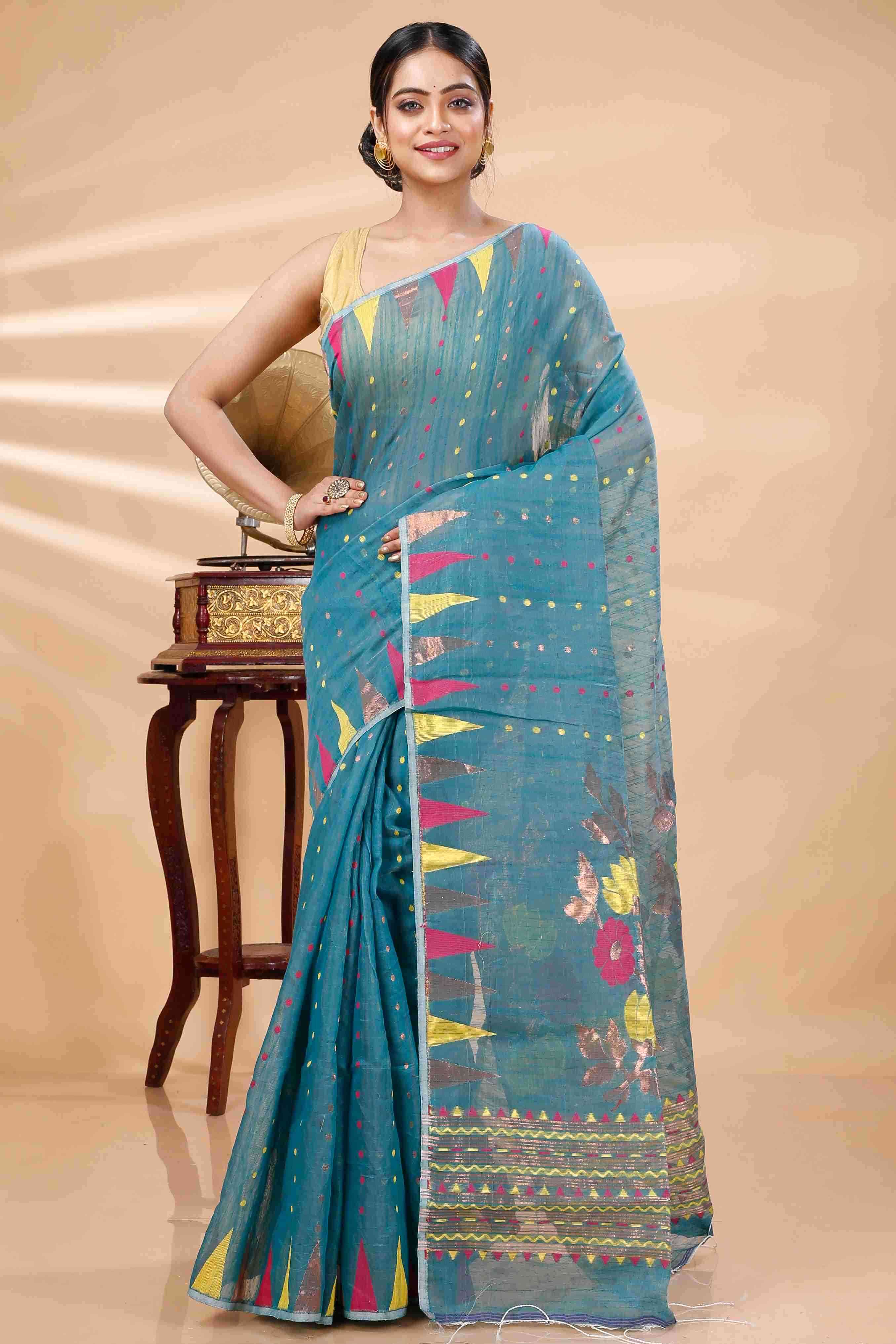 Dark Green Blended Cotton Pilu Hand Loom Saree (1402)