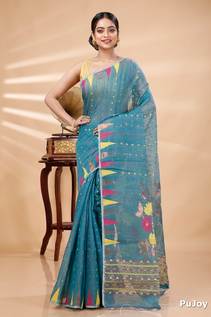 Dark Green Blended Cotton Pilu Hand Loom Saree (1402)