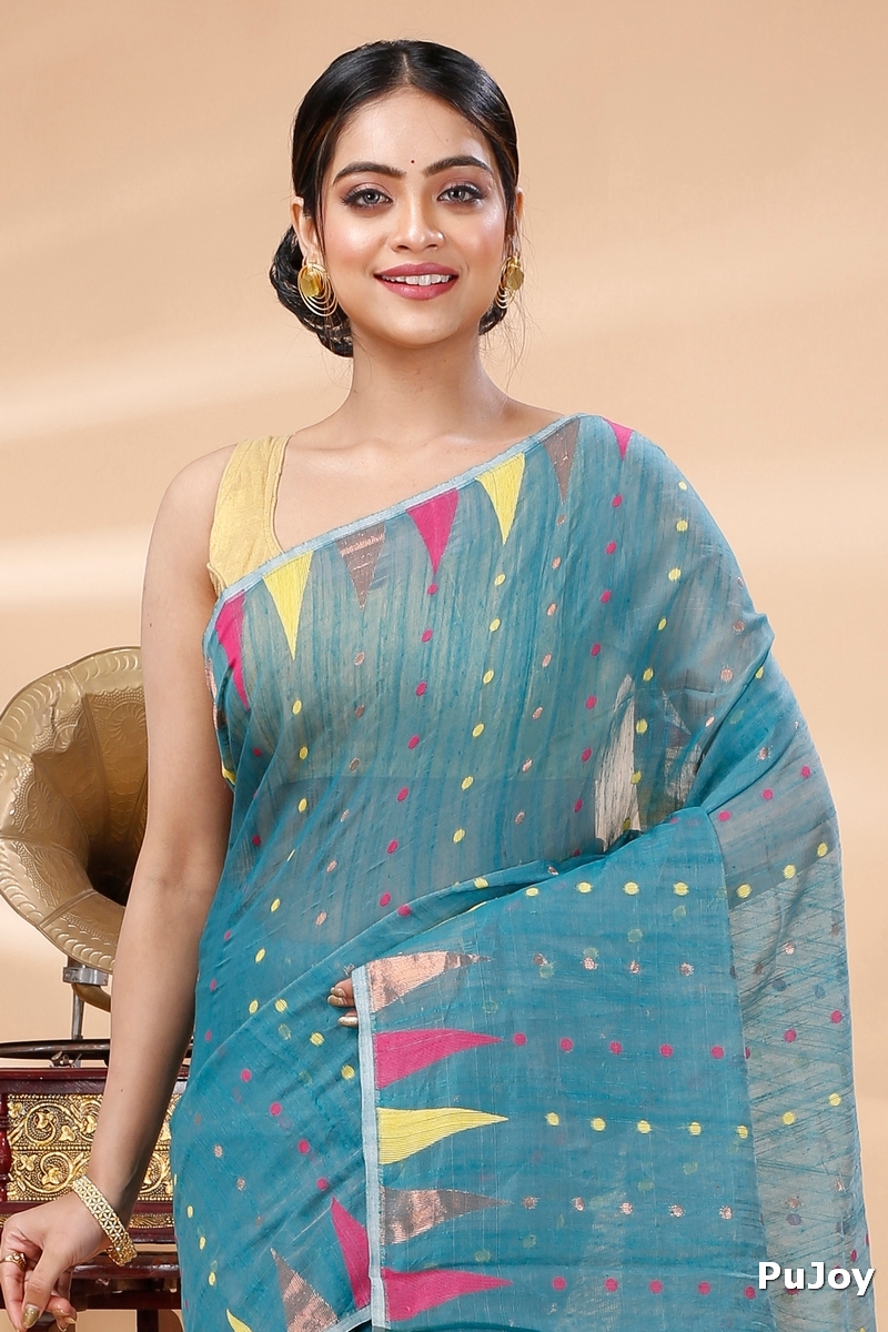 Dark Green Blended Cotton Pilu Hand Loom Saree (1402)