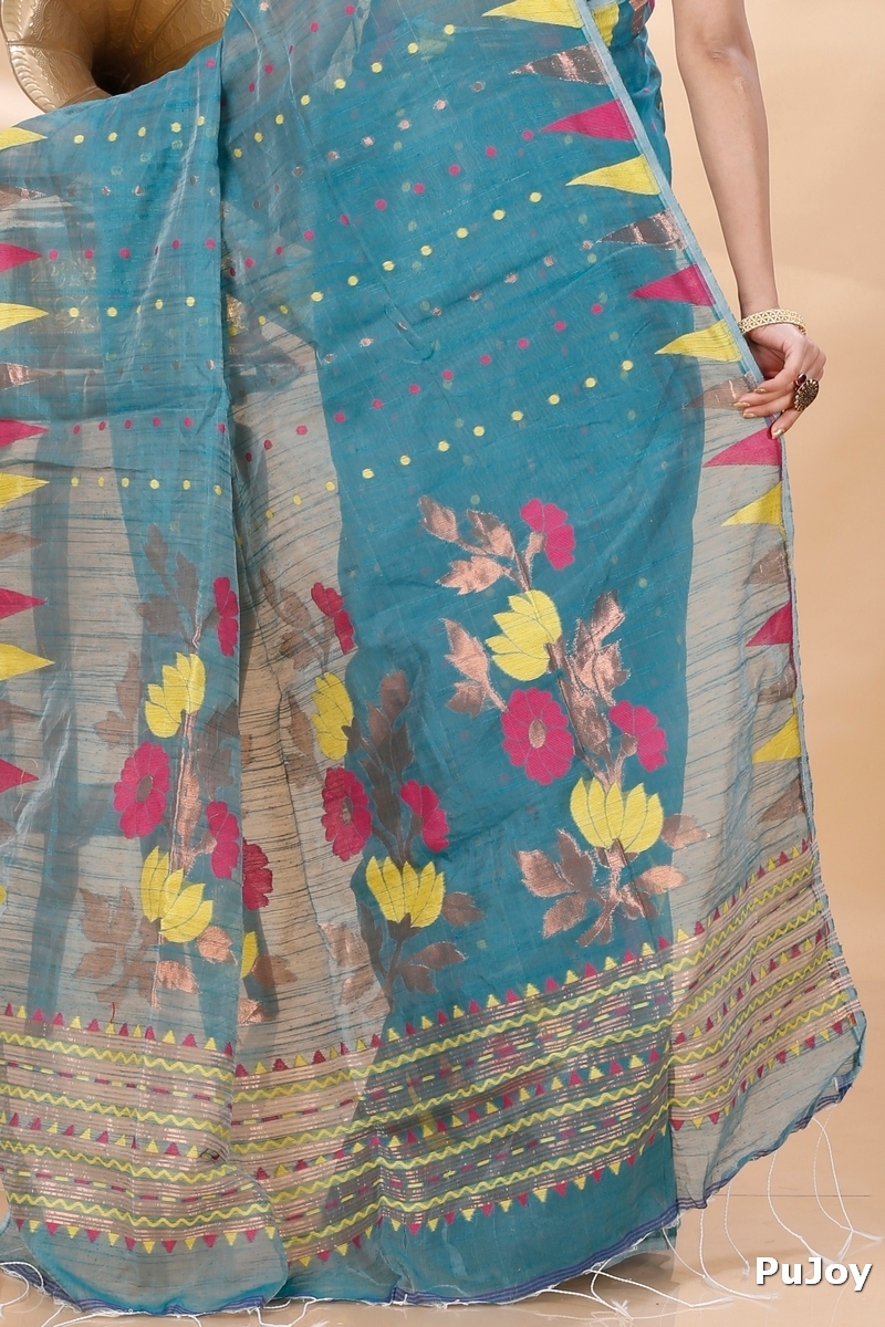 Dark Green Blended Cotton Pilu Hand Loom Saree (1402)