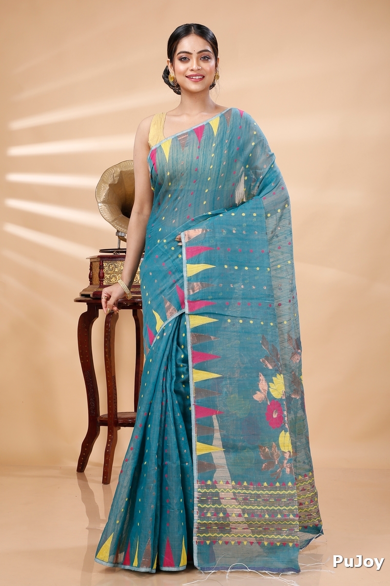 Dark Green Blended Cotton Pilu Hand Loom Saree (1402)