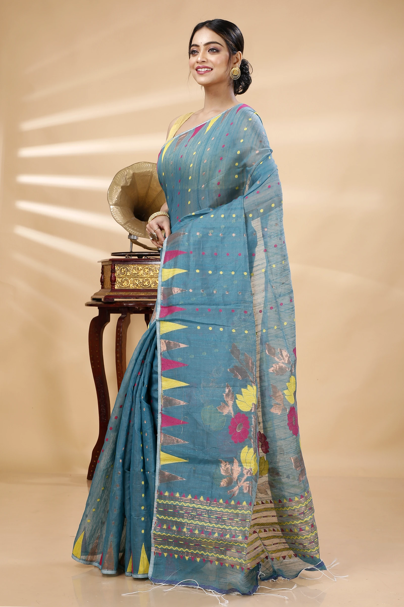 Dark Green Blended Cotton Pilu Hand Loom Saree (1402)