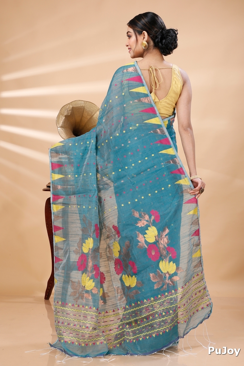 Dark Green Blended Cotton Pilu Hand Loom Saree (1402)